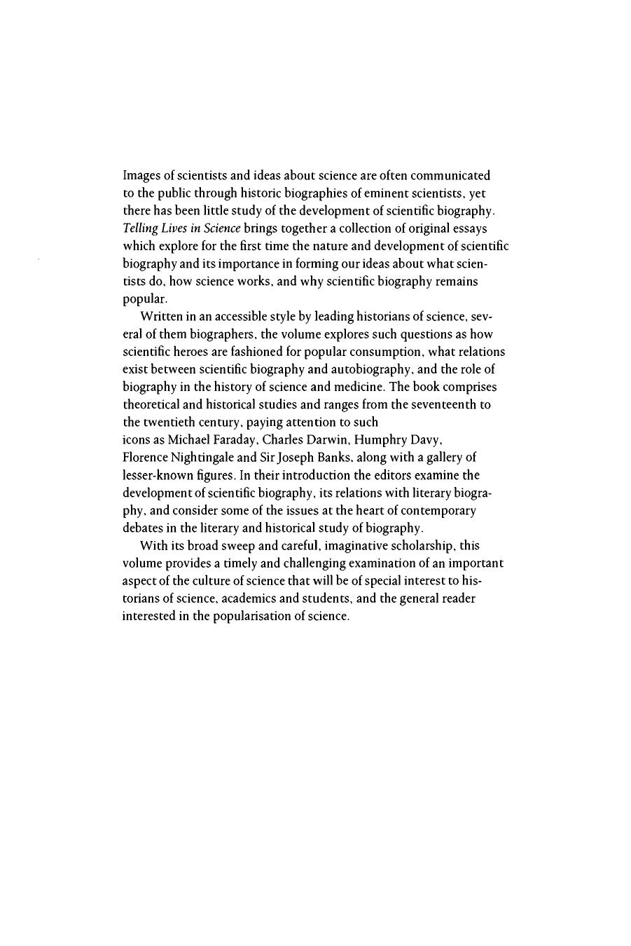 Telling Lives in Science: Essays on Scientific Biography by Michael Shortland Richard Yeo