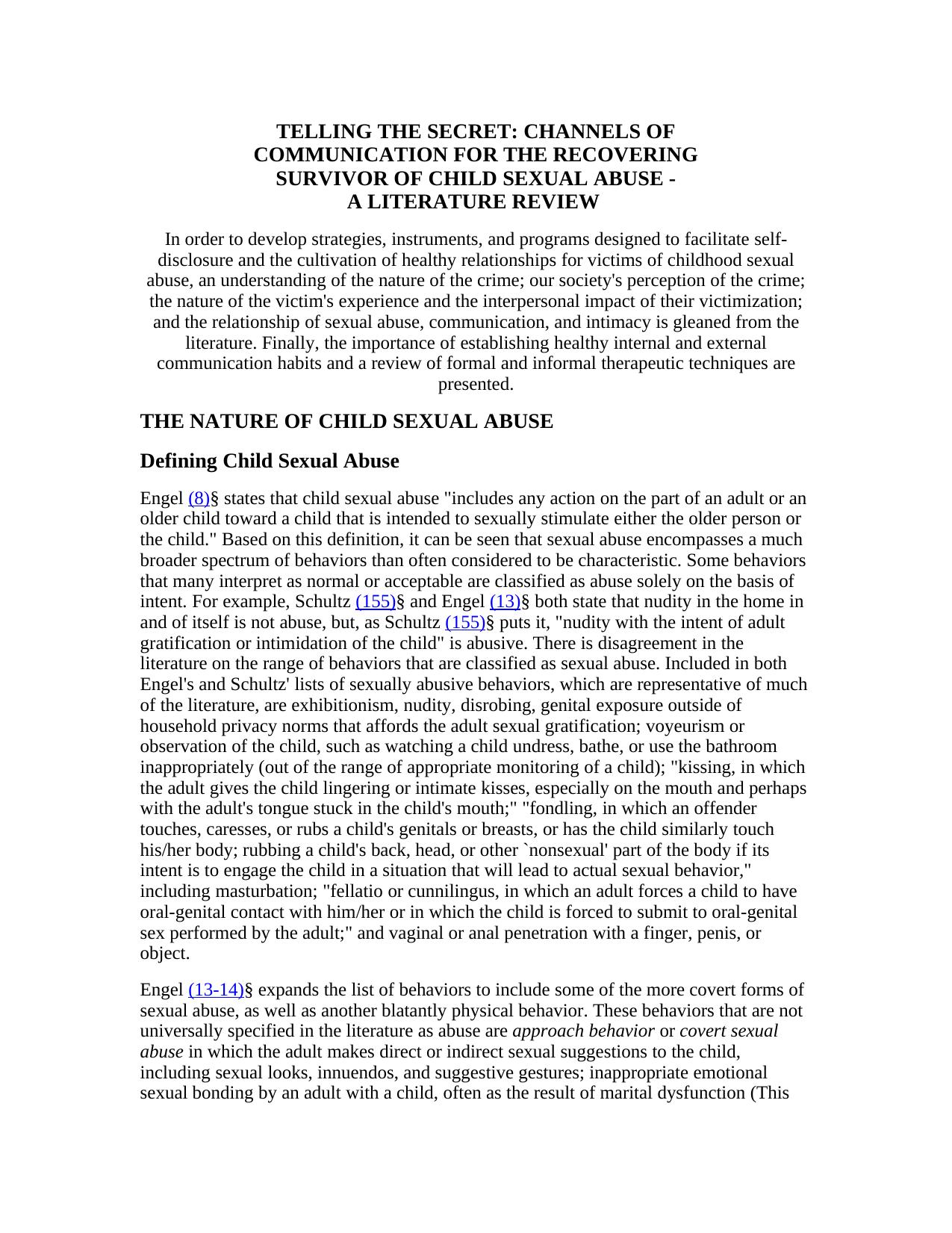 Telling the Secret; Channels of Communication for the Recovering Survivor of Child Sexual Abuse by A Literature Review (1985-1993)