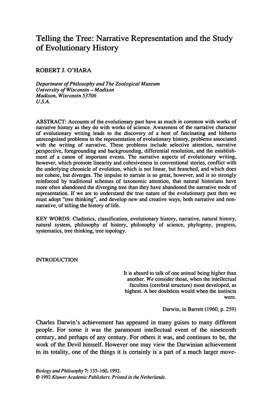 Telling the tree: narrative representation and the study of evolutionary history by Robert J. O™Hara