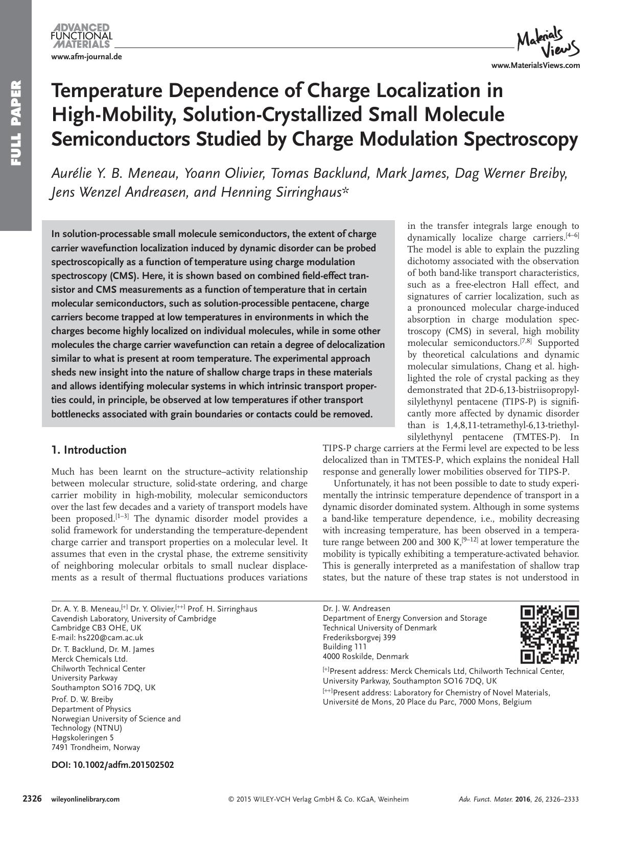 Temperature Dependence of Charge Localization in High‐Mobility, Solution‐Crystallized Small Molecule Semiconductors Studied by Charge Modulation Spectroscopy by Unknown