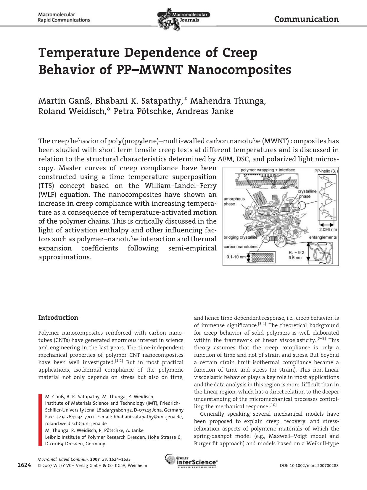 Temperature Dependence of Creep Behavior of PP-MWNT Nanocomposites by Unknown