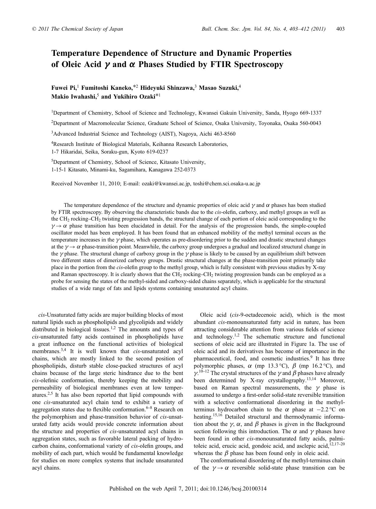 Temperature Dependence of Structure and Dynamic Properties of Oleic Acid Î³ and Î± Phases Studied by FTIR Spectroscopy by （社）日本化学会　The Chemical Society of Japan