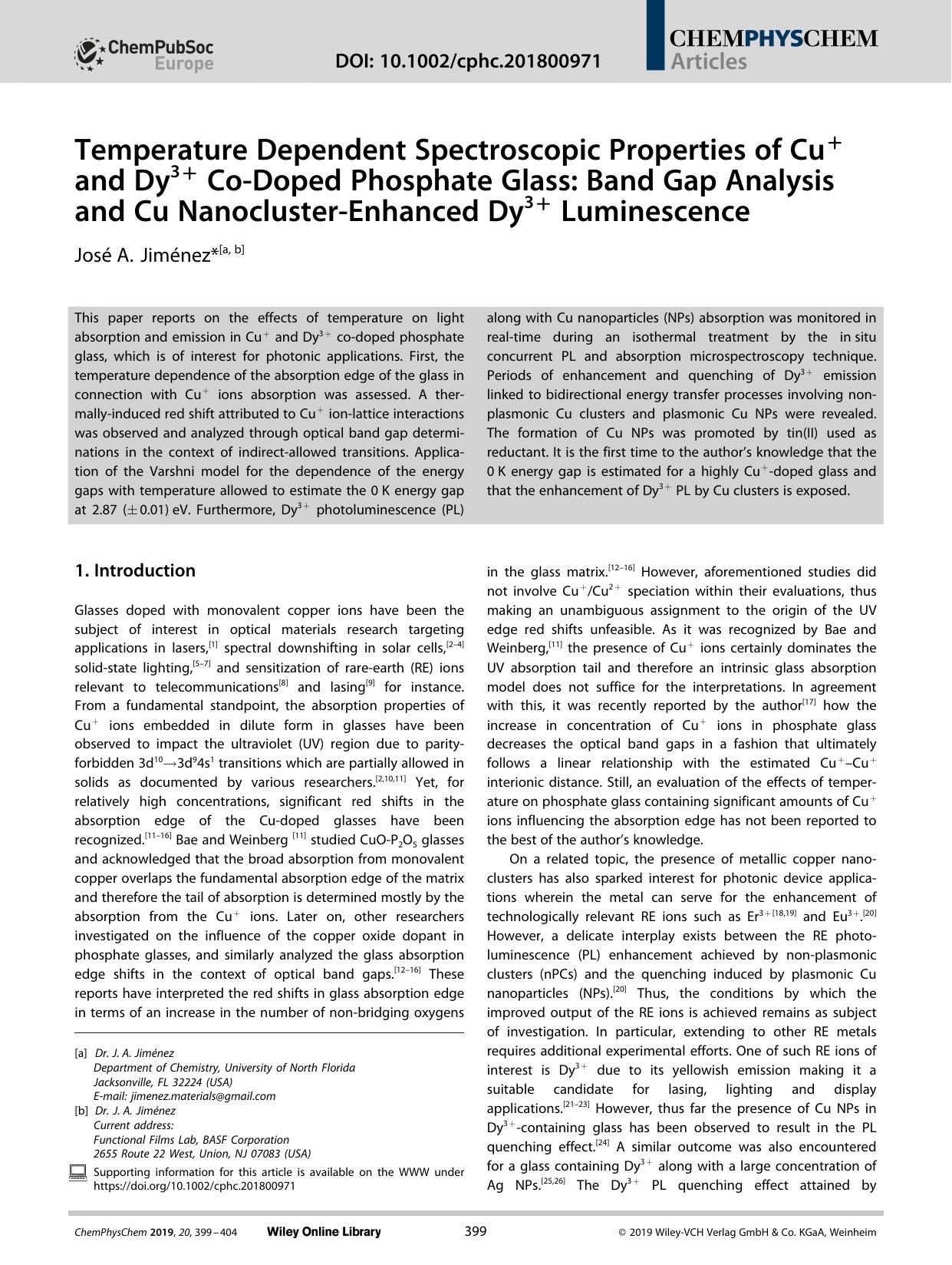 Temperature Dependent Spectroscopic Properties of Cu+ and Dy3+ CoâDoped Phosphate Glass: Band Gap Analysis and Cu NanoclusterâEnhanced Dy3+ Luminescence by Unknown