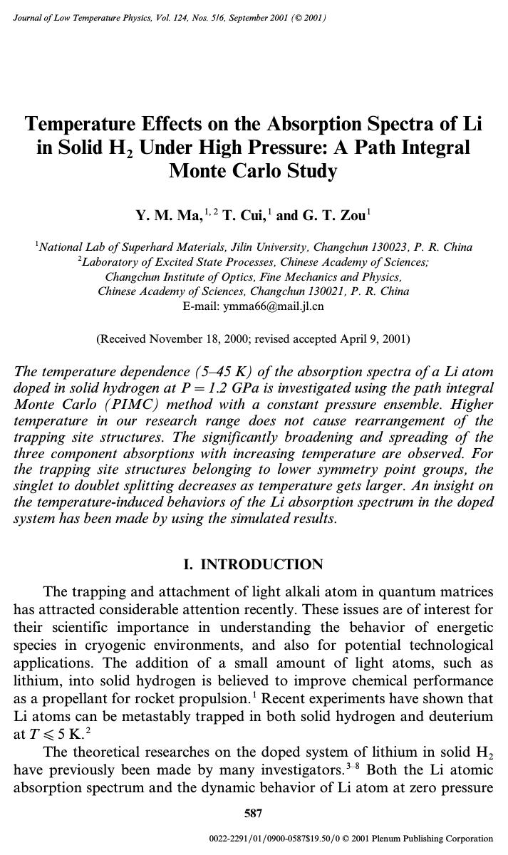 Temperature Effects on the Absorption Spectra of Li in Solid H2 Under High Pressure: A Path Integral Monte Carlo Study by Unknown
