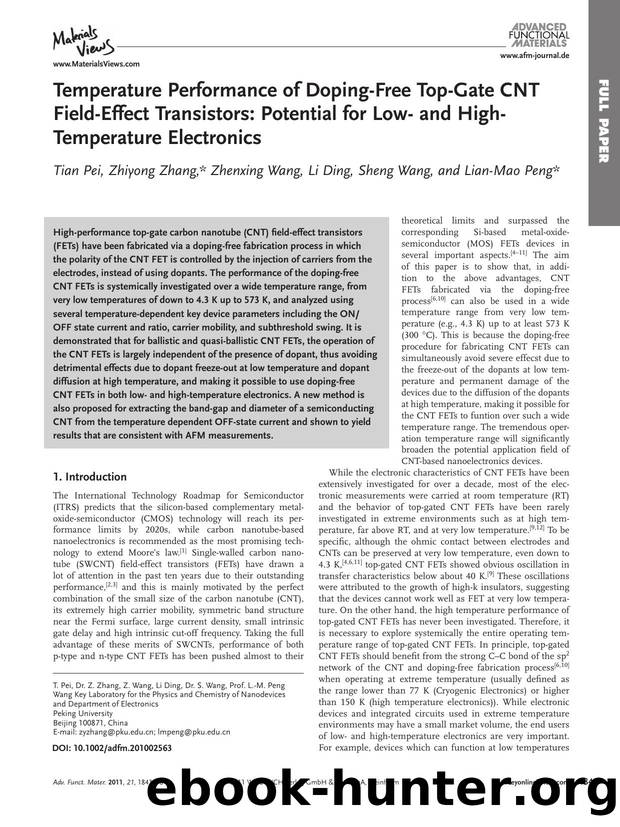 Temperature Performance of DopingFree TopGate CNT FieldEffect Transistors: Potential for Low and HighTemperature Electronics by wcu