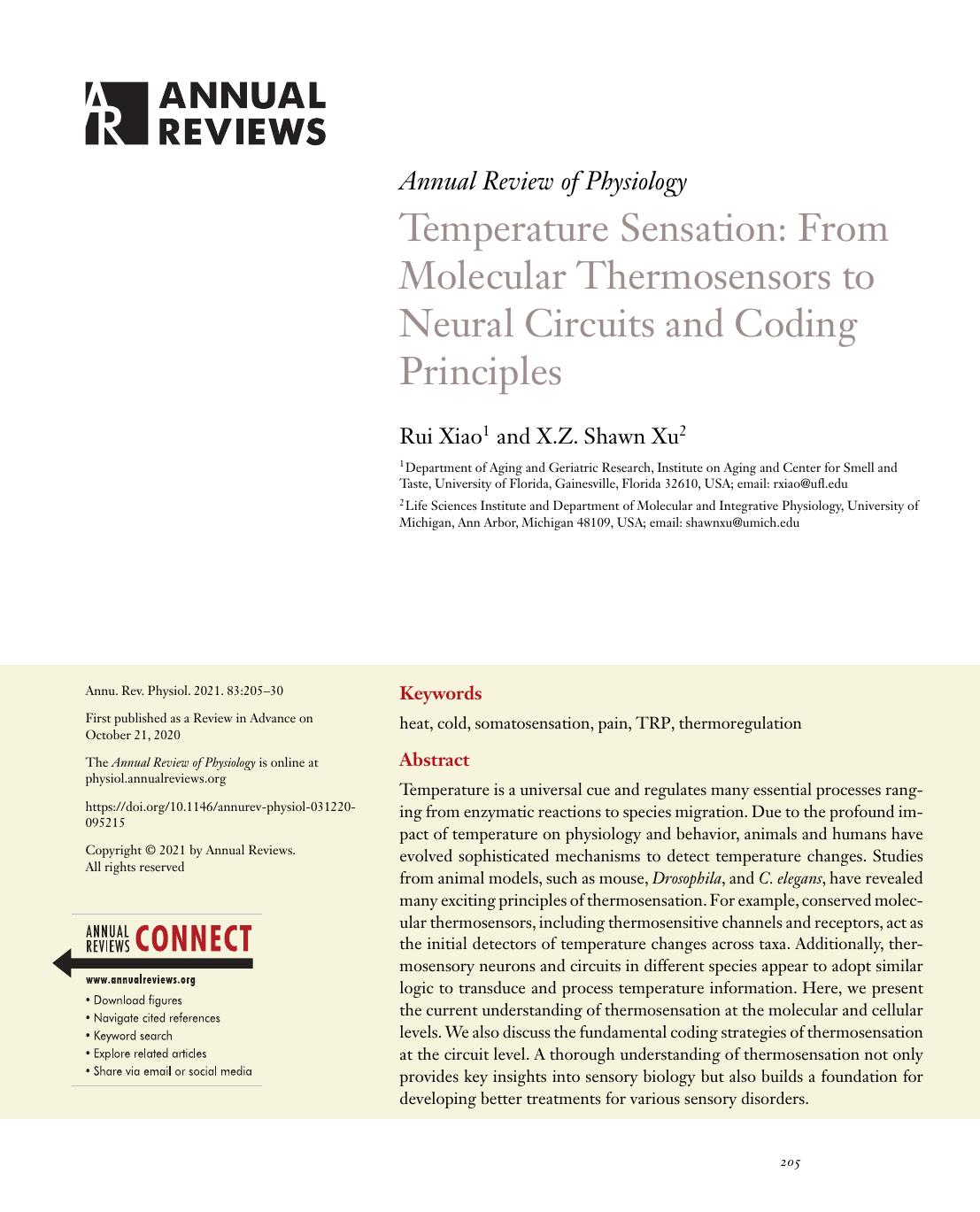 Temperature Sensation: From Molecular Thermosensors to Neural Circuits and Coding Principles by Rui Xiao and X.Z. Shawn Xu