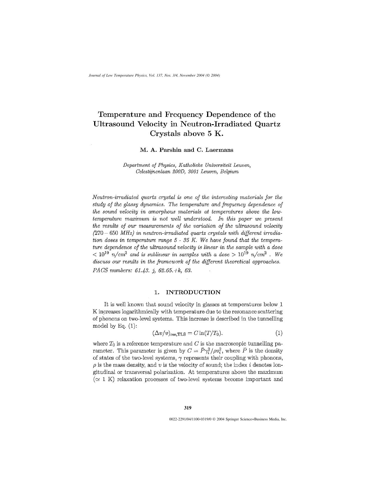 Temperature and Frequency Dependence of the Ultrasound Velocity in Neutron-Irradiated Quartz Crystals Above 5 K by Unknown