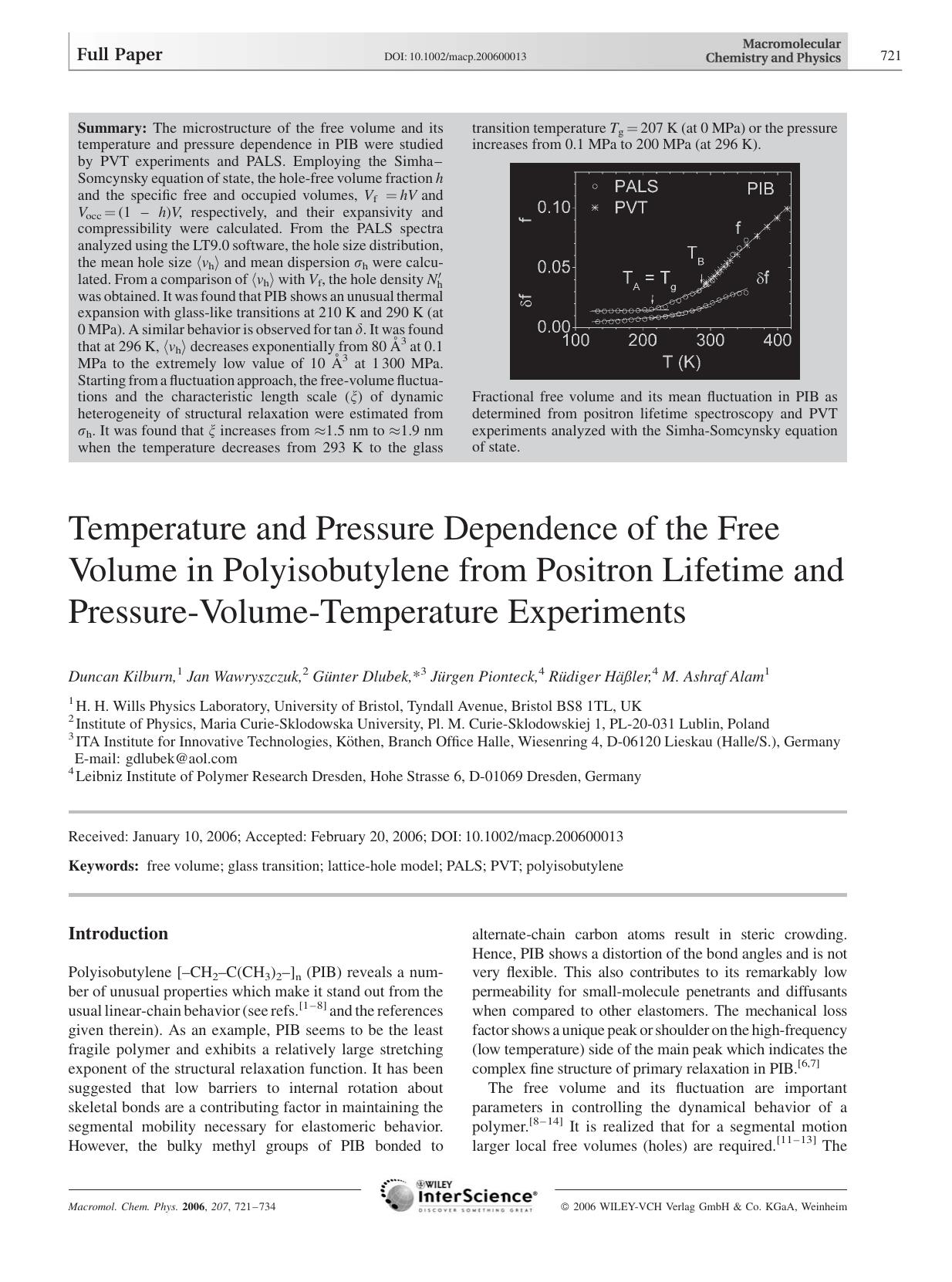 Temperature and Pressure Dependence of the Free Volume in Polyisobutylene from Positron Lifetime and Pressure-Volume-Temperature Experiments by Unknown