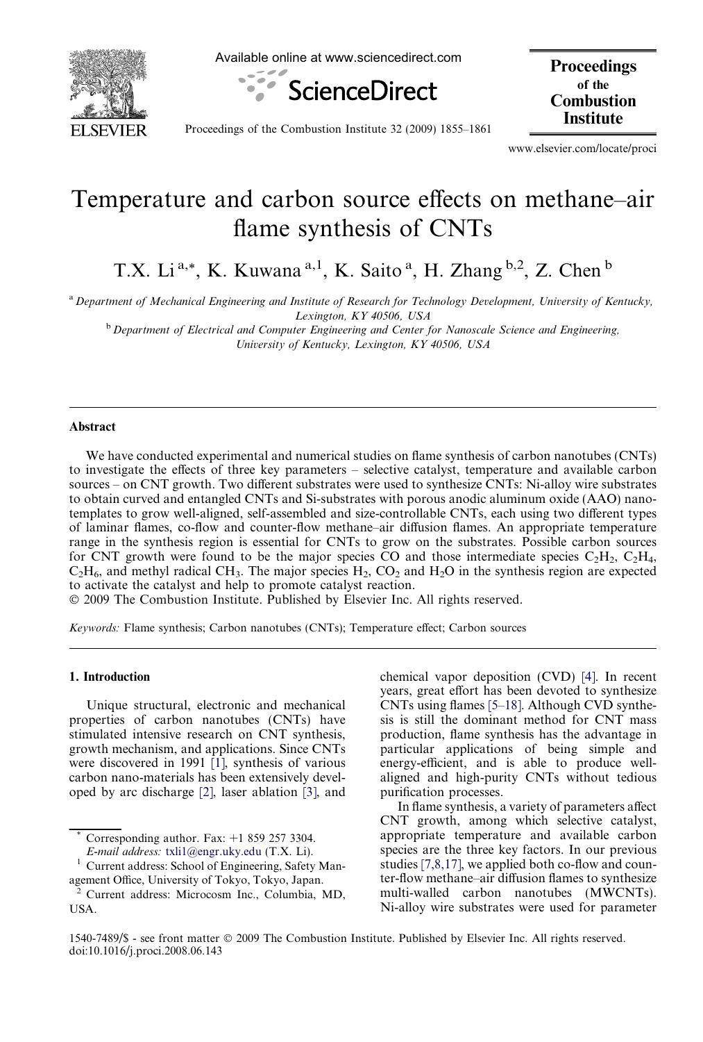 Temperature and carbon source effects on methaneâair flame synthesis of CNTs by T.X. Li; K. Kuwana; K. Saito; H. Zhang; Z. Chen