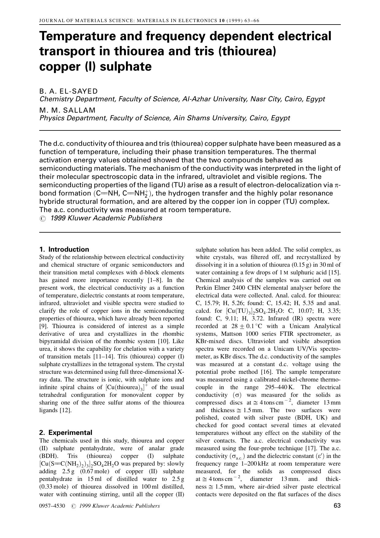 Temperature and frequency dependent electrical transport in thiourea and tris (thiourea) copper (l) sulphate by Unknown