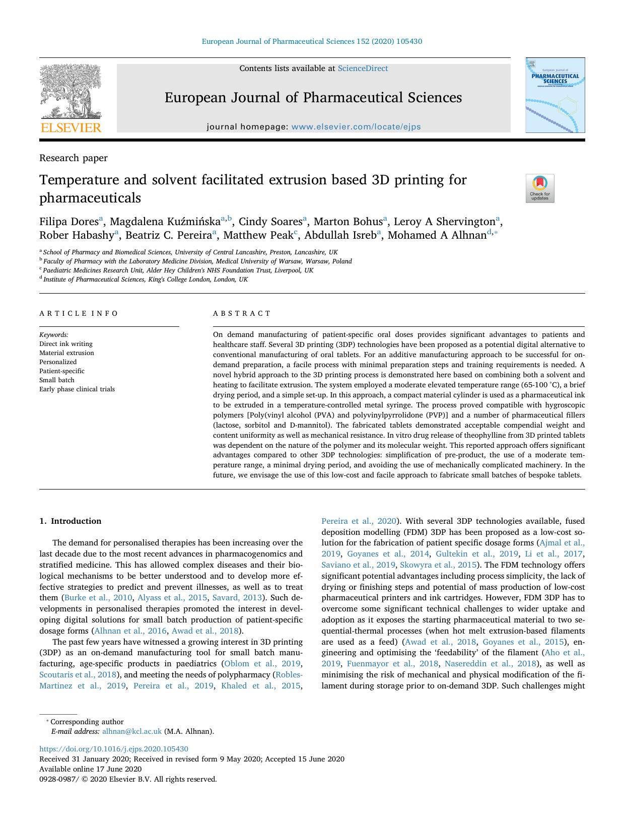 Temperature and solvent facilitated extrusion based 3D printing for pharmaceuticals by unknow