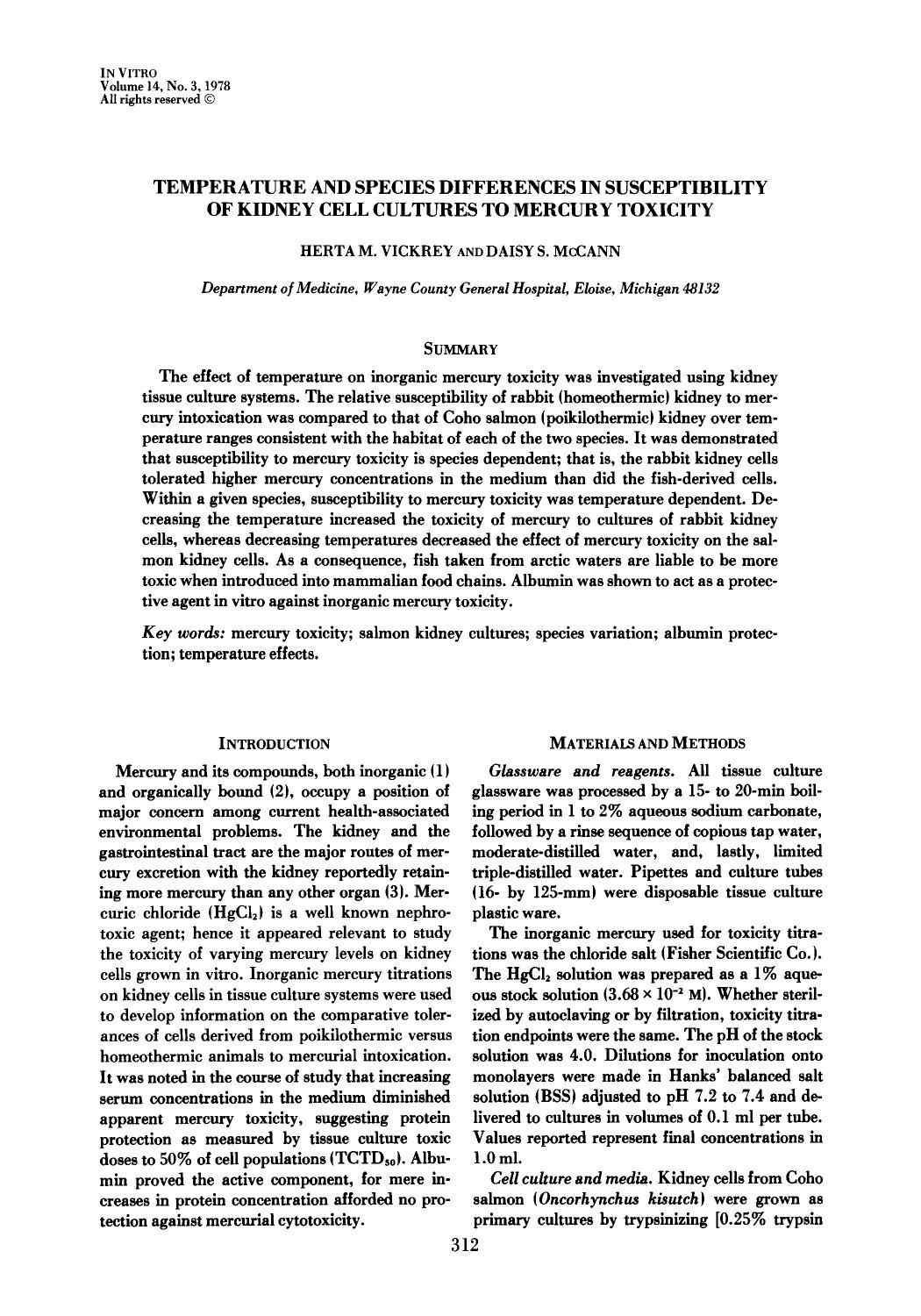 Temperature and species differences in susceptibility of kidney cell cultures to mercury toxicity by Unknown