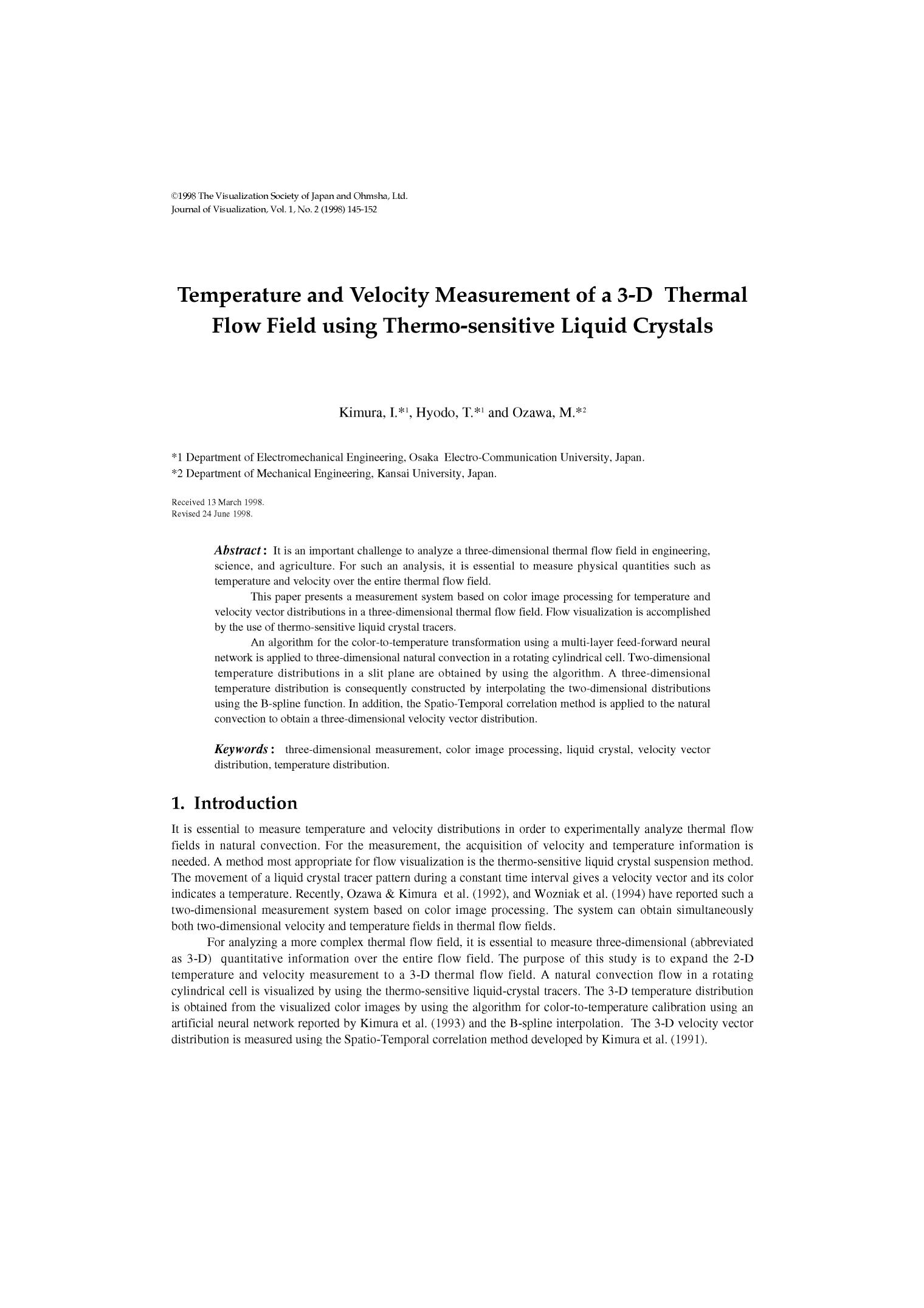 Temperature and velocity measurement of a 3-D thermal flow field using thermo-sensitive liquid crystals by Unknown