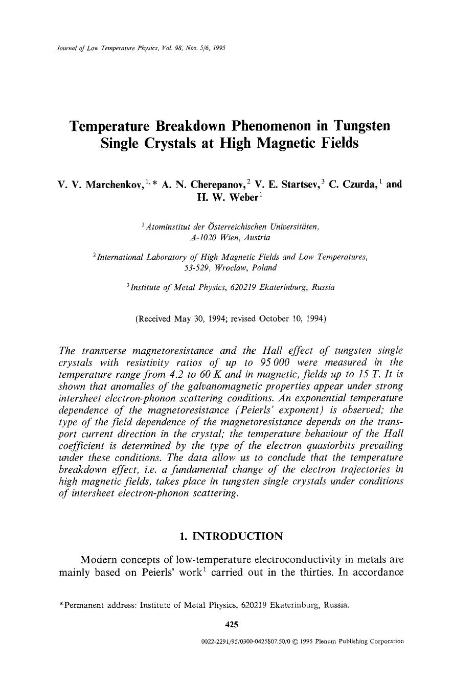 Temperature breakdown phenomenon in tungsten single crystals at high magnetic fields by Unknown