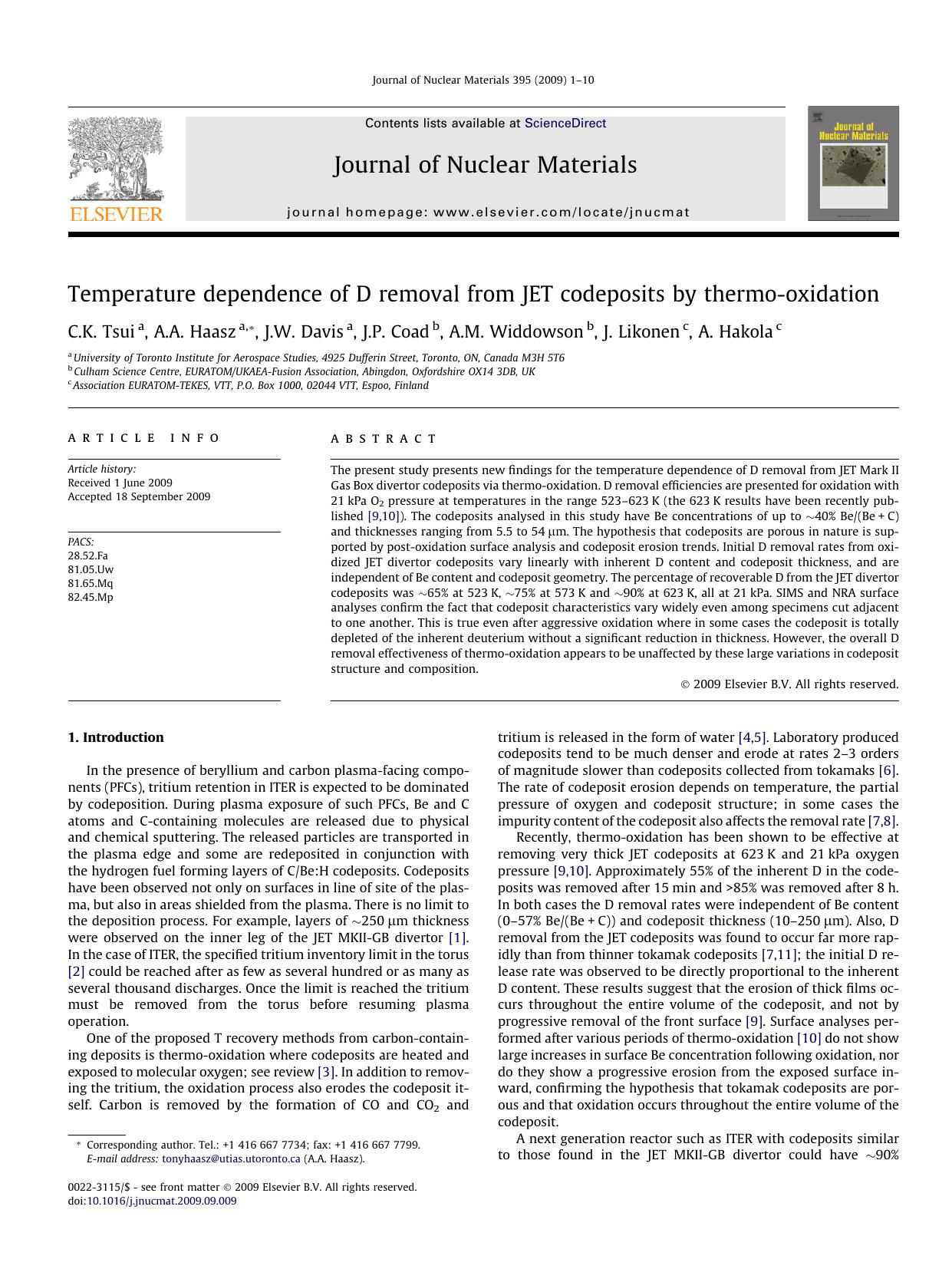 Temperature dependence of D removal from JET codeposits by thermo-oxidation by C.K. Tsui; A.A. Haasz; J.W. Davis; J.P. Coad; A.M. Widdowson; J. Likonen; A. Hakola