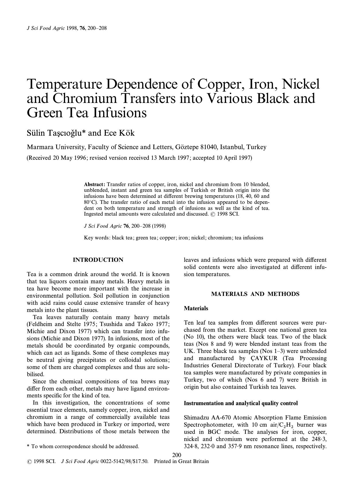 Temperature dependence of copper, iron, nickel and chromium transfers into various black and green tea infusions by Tascioglu K & ouml;k