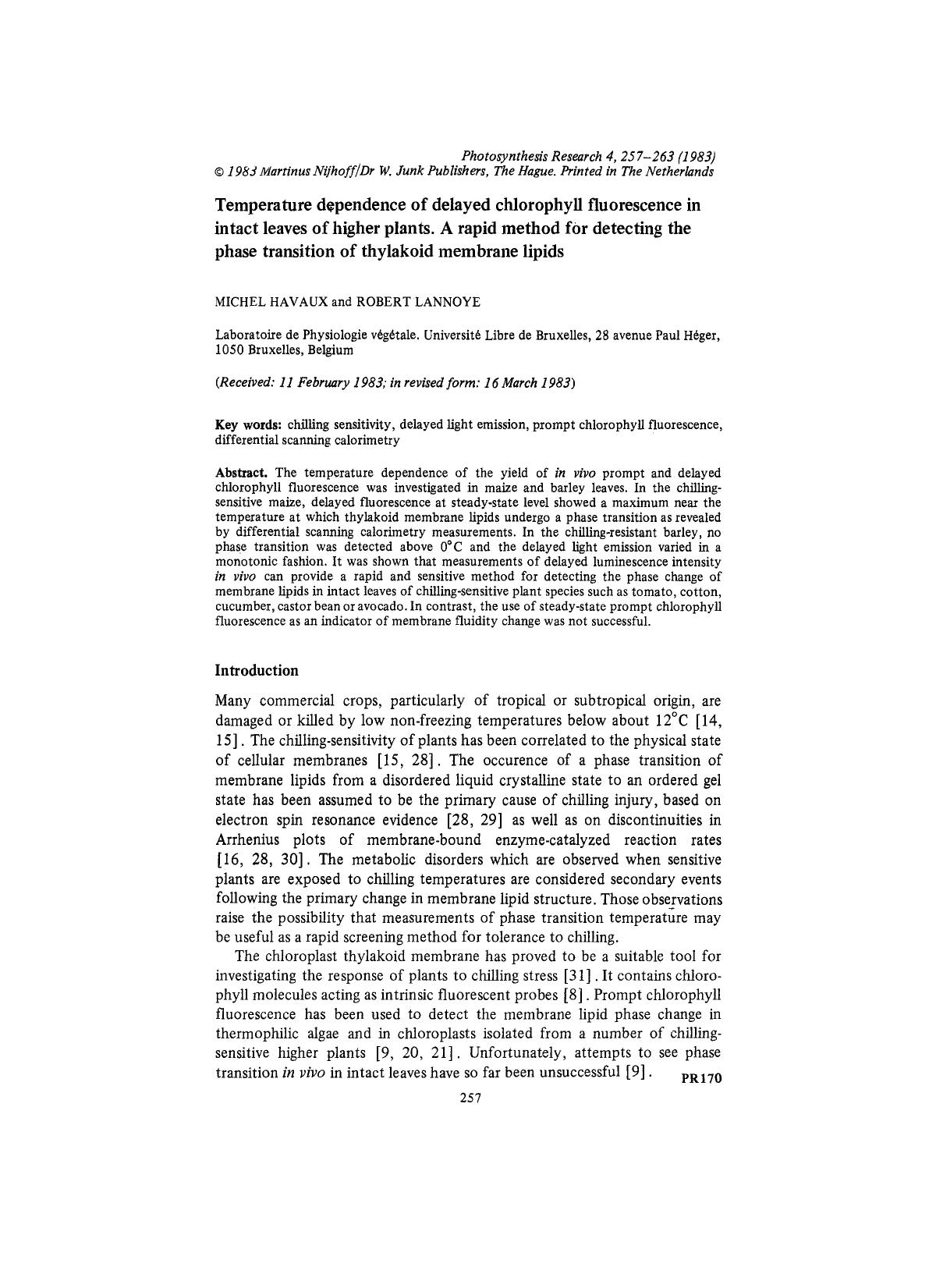 Temperature dependence of delayed ehlorophyll fluorescence in intact leaves of higher plants. A rapid method for detecting the phase transition of thylakoid membrane lipids by Unknown