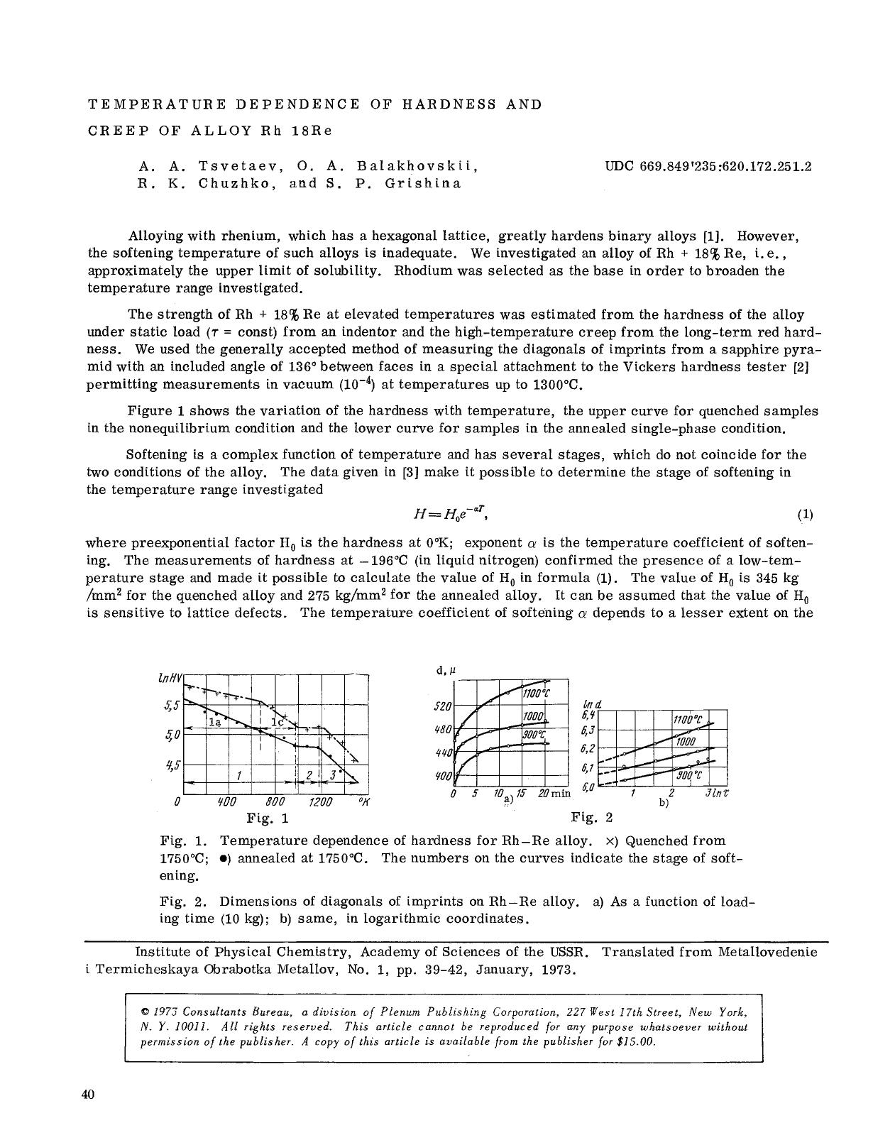 Temperature dependence of hardness and creep of alloy Rh 18Re by Unknown