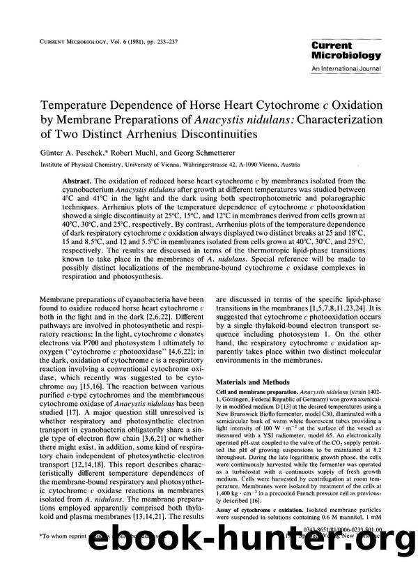 Temperature dependence of horse heart cytochrome <Emphasis Type="Italic">c <Emphasis> oxidation by membrane preparations of <Emphasis Type="Italic">Anacystis nidulans <Emphasis>: C by Unknown