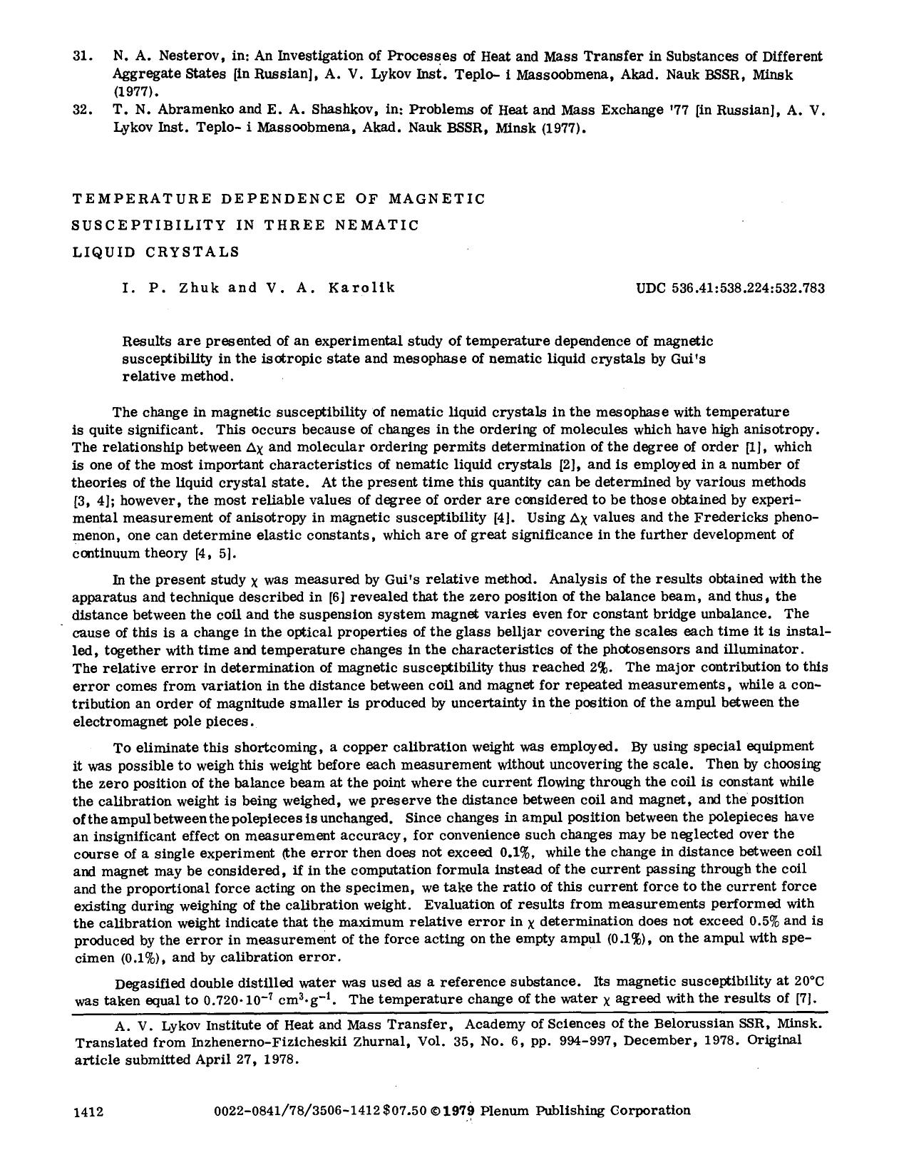 Temperature dependence of magnetic susceptibility in three nematic liquid crystals by Unknown