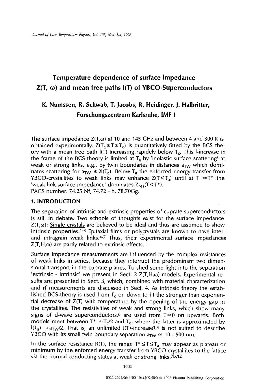 Temperature dependence of surface impedance Z(T, ω) and mean free paths I(T) of YBCO-superconductors by Unknown