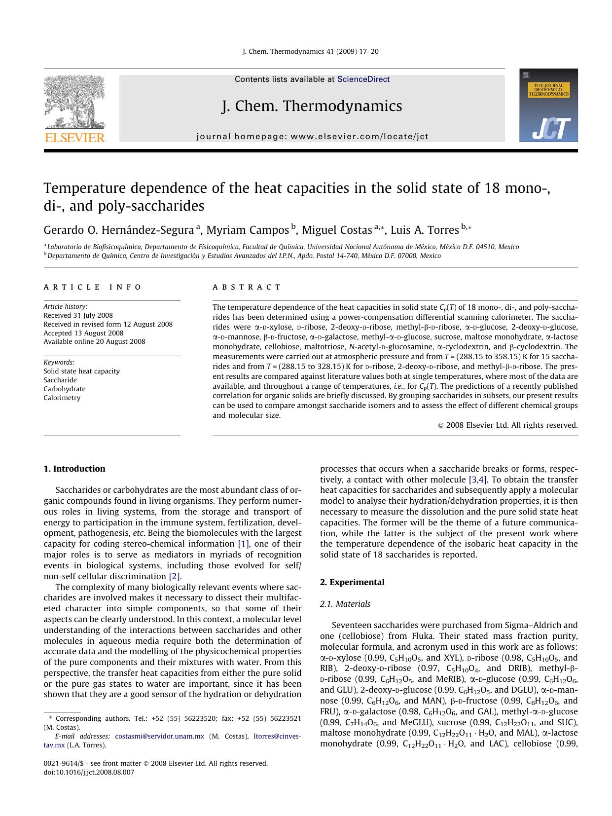 Temperature dependence of the heat capacities in the solid state of 18 mono-, di-, and poly-saccharides by Gerardo O. Hernández-Segura; Myriam Campos; Miguel Costas; Luis A. Torres