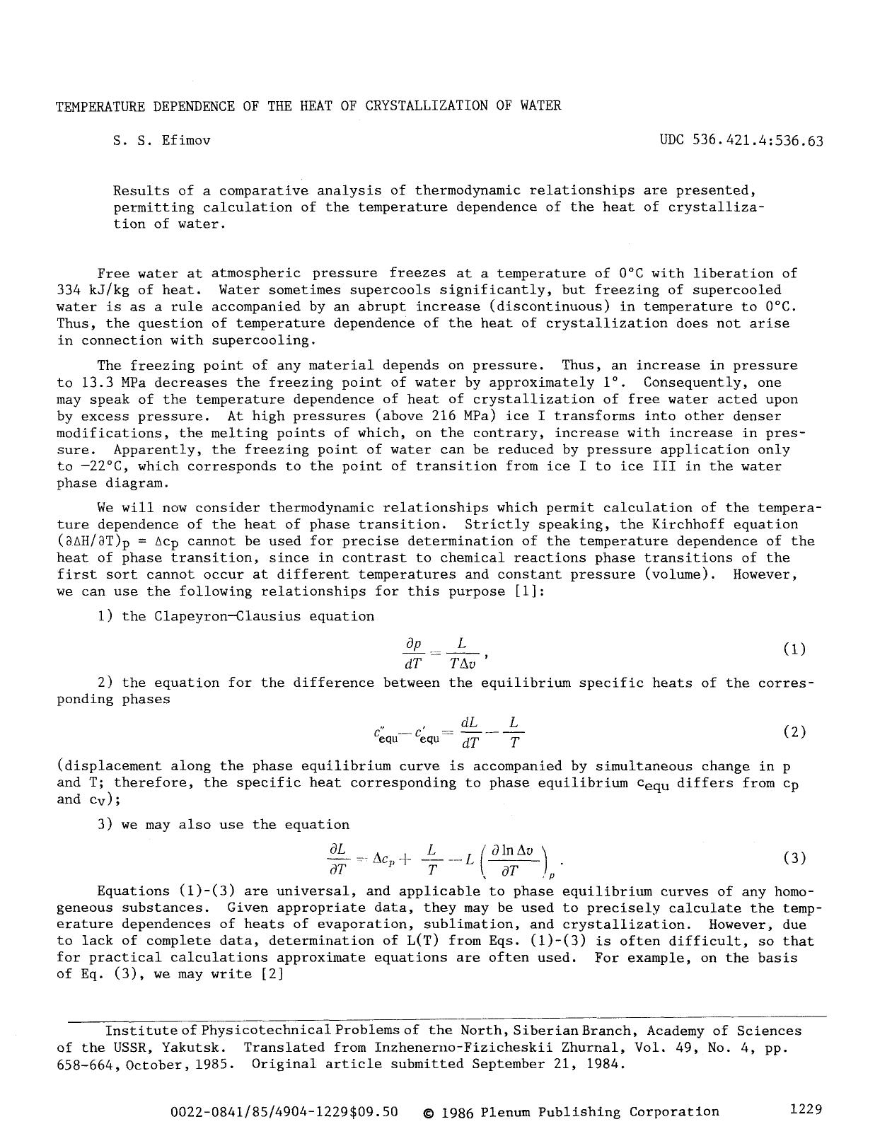 Temperature dependence of the heat of crystallization of water by Unknown