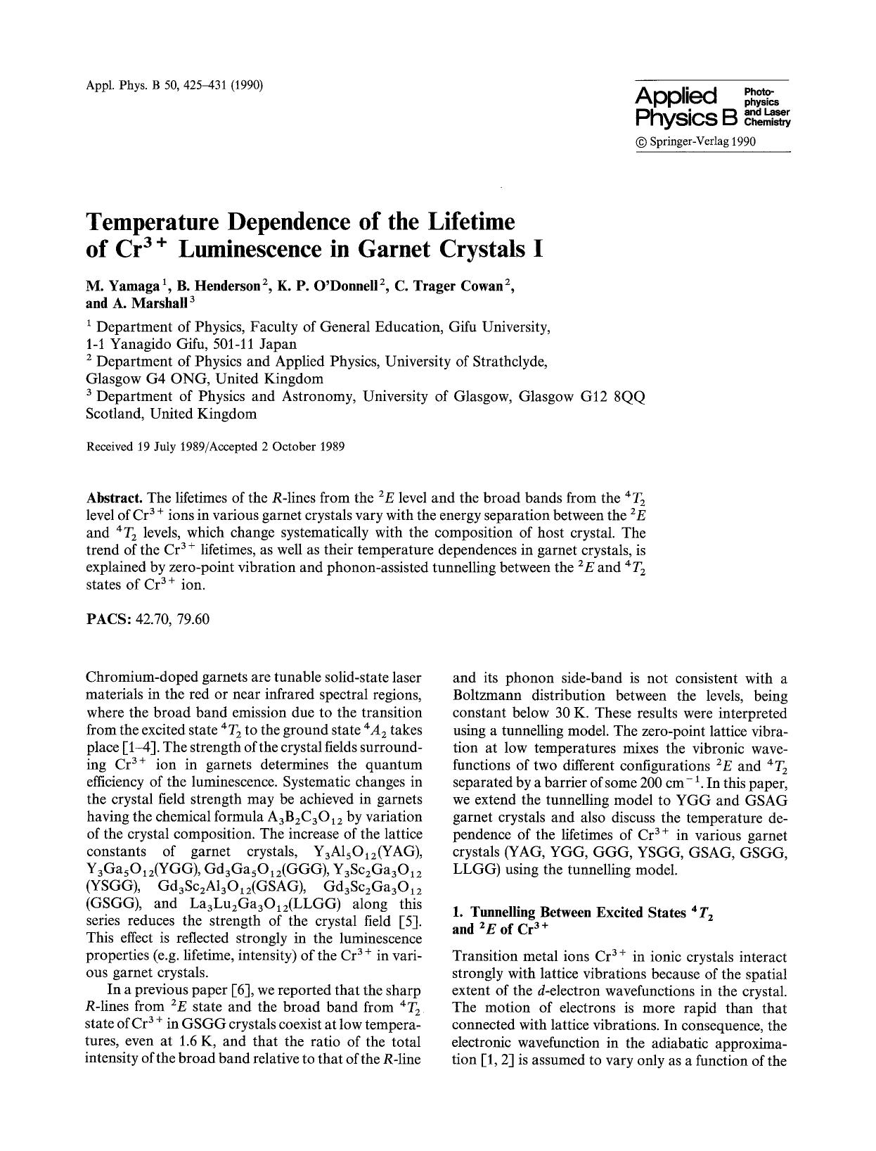 Temperature dependence of the lifetime of Cr<Superscript>3+<Superscript> luminescence in garnet crystals I by unknow