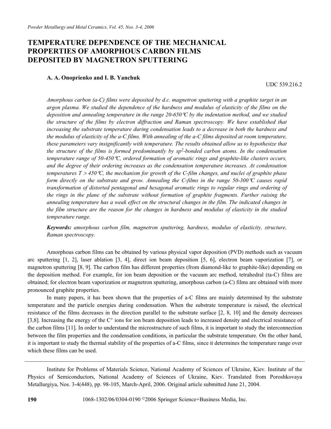 Temperature dependence of the mechanical properties of amorphous carbon films deposited by magnetron sputtering by Unknown