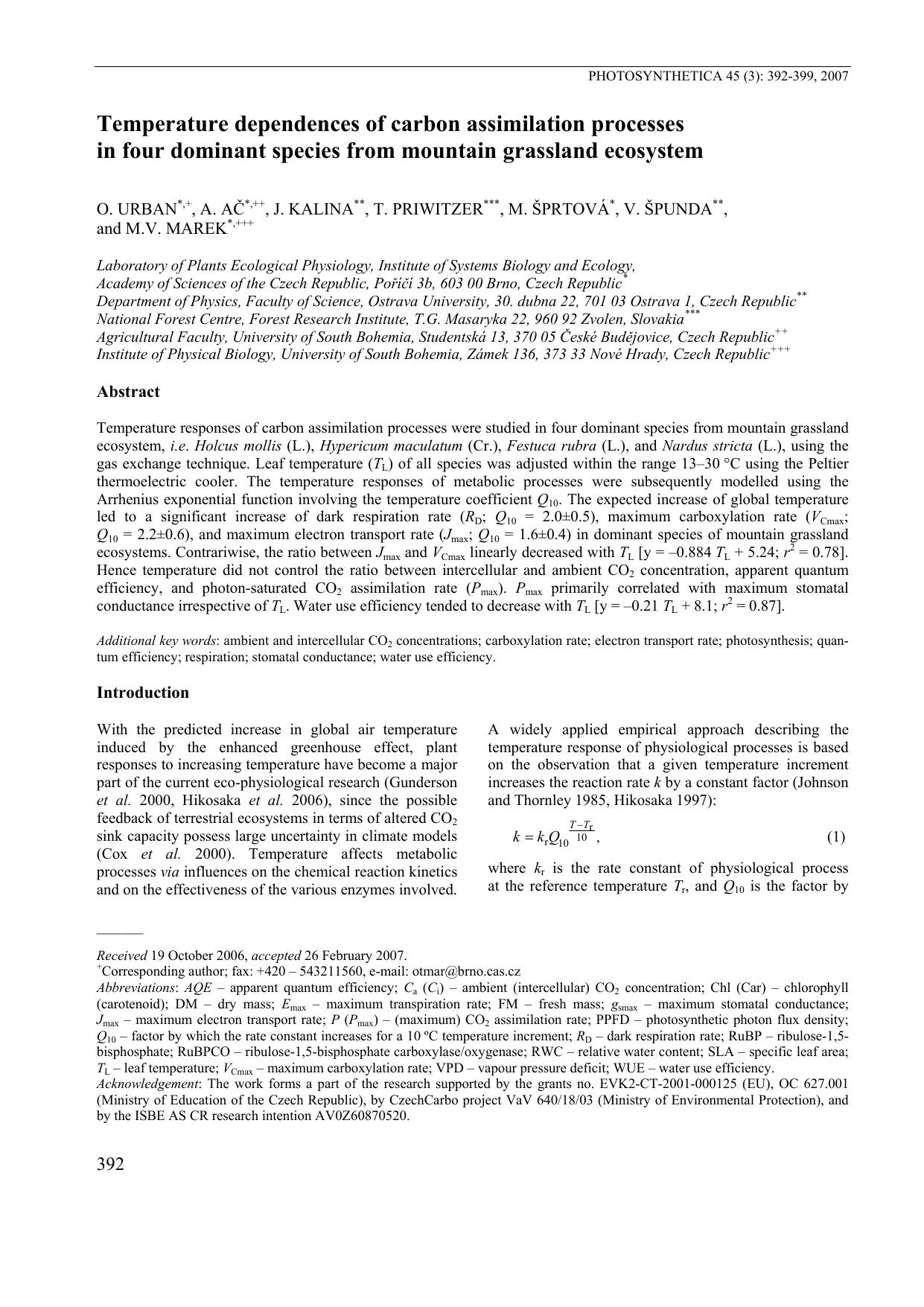 Temperature dependences of carbon assimilation processes in four dominant species from mountain grassland ecosystem by Unknown