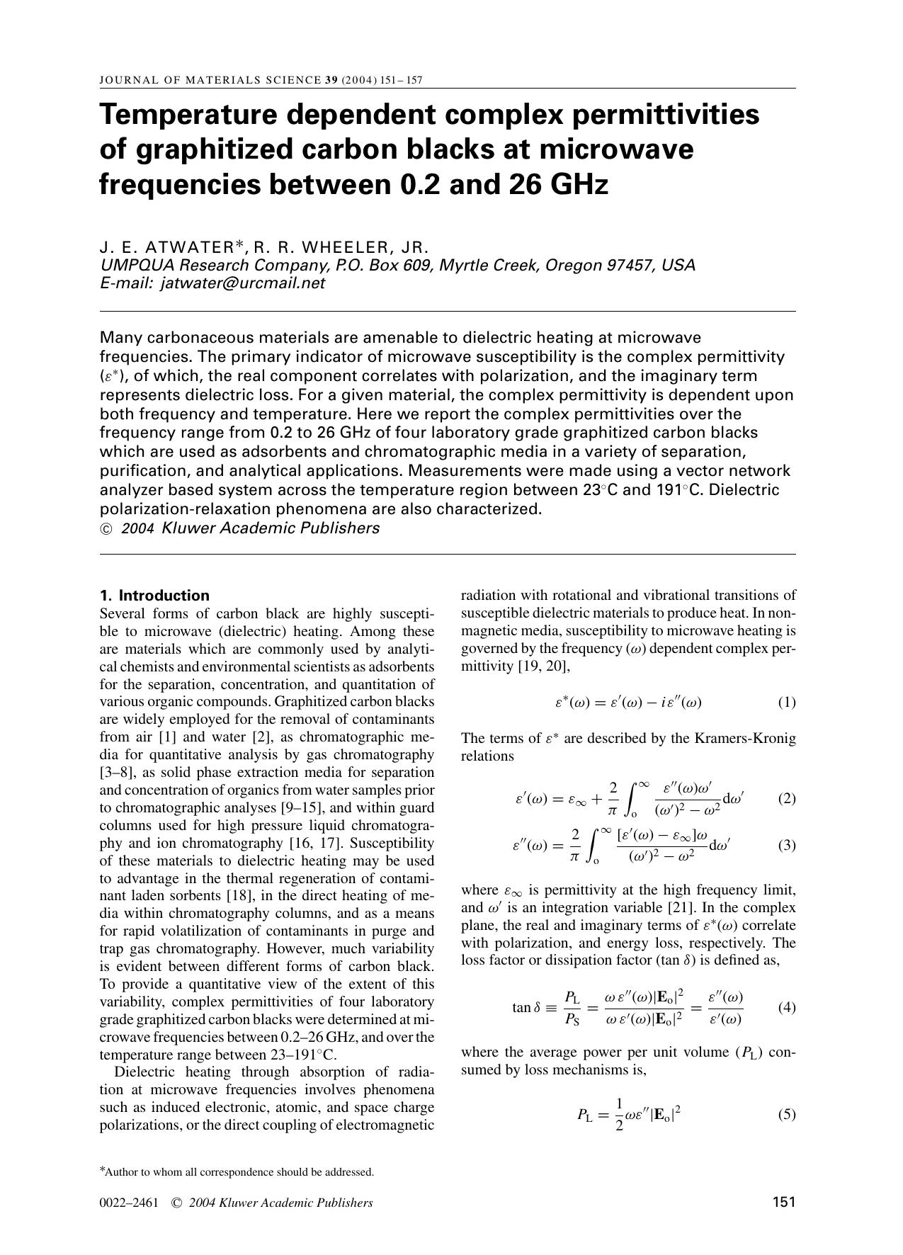 Temperature dependent complex permittivities of graphitized carbon blacks at microwave frequencies between 0.2 and 26 GHz by Unknown