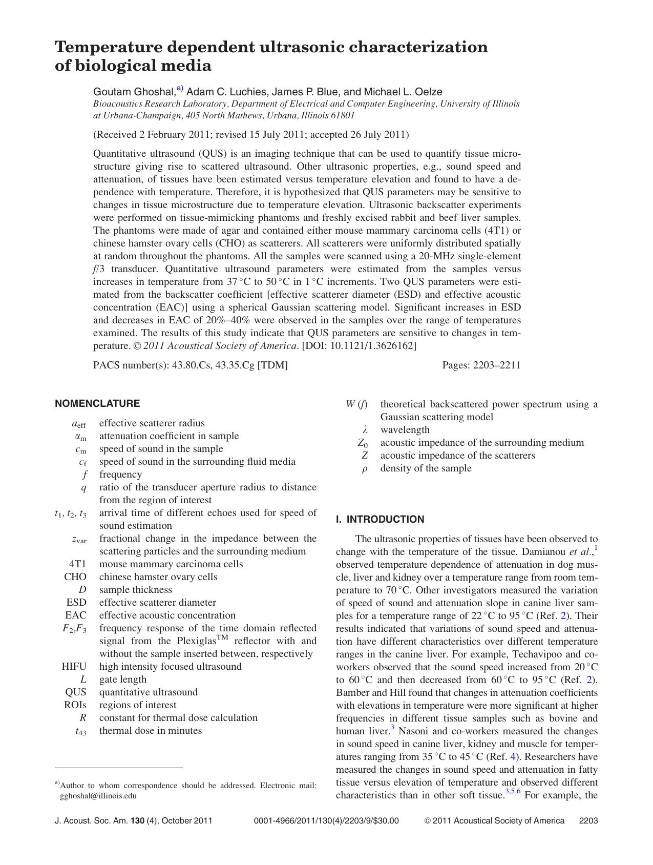 Temperature dependent ultrasonic characterization of biological media by Goutam Ghoshal Adam C. Luchies James P. Blue and Michael L. Oelze