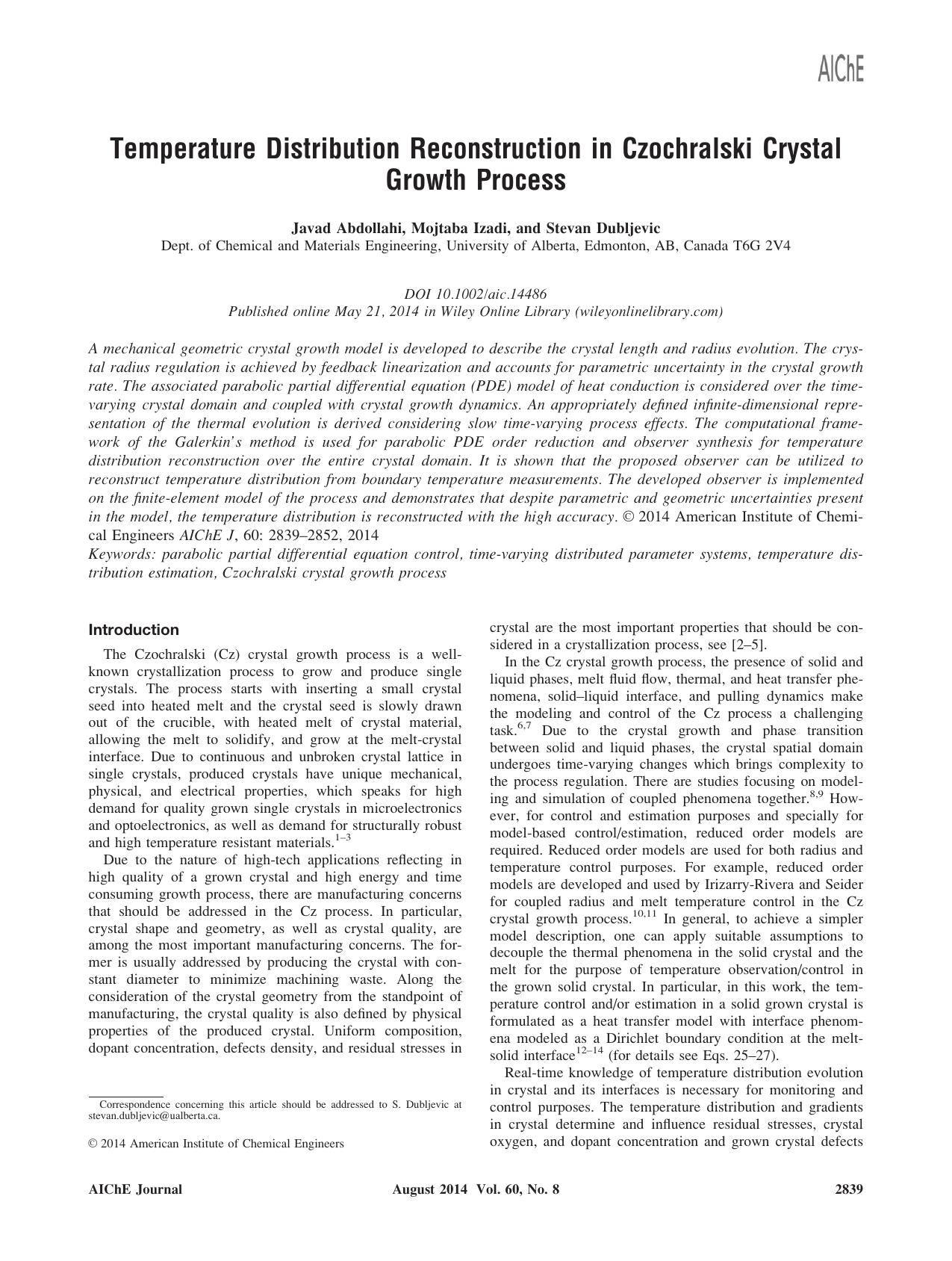 Temperature distribution reconstruction in Czochralski crystal growth process by Unknown