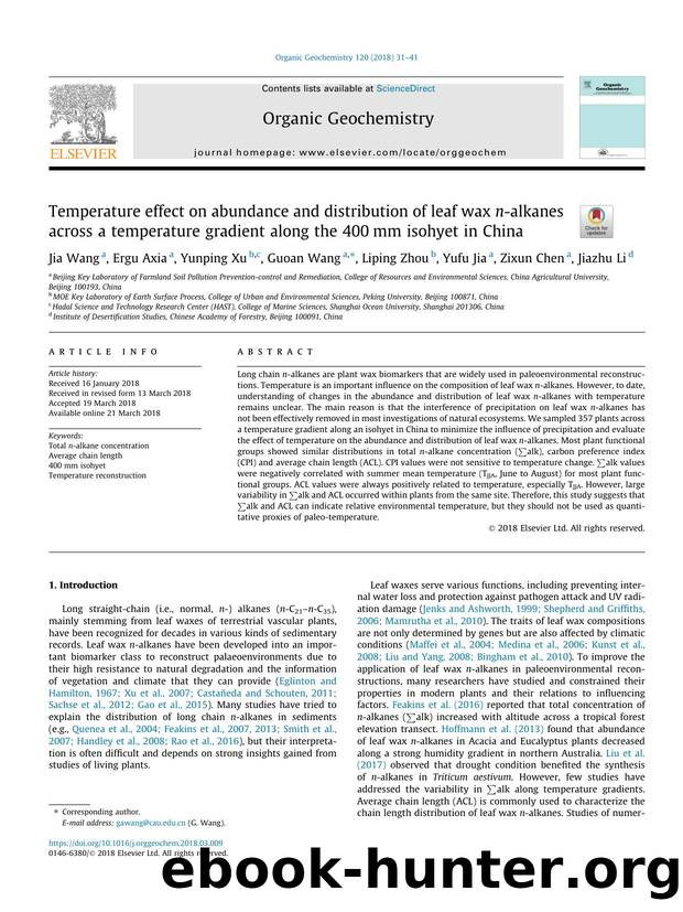 Temperature effect on abundance and distribution of leaf wax n-alkanes across a temperature gradient along the 400Ã¢â¬Â¯mm isohyet in China by Jia Wang & Ergu Axia & Yunping Xu & Guoan Wang & Liping Zhou & Yufu Jia & Zixun Chen & Jiazhu Li