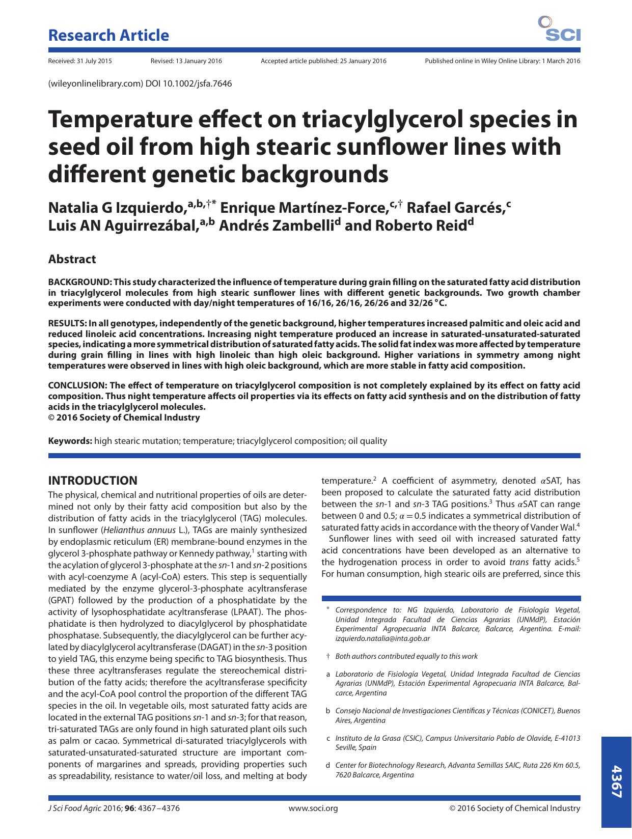 Temperature effect on triacylglycerol species in seed oil from high stearic sunflower lines with different genetic backgrounds by Unknown
