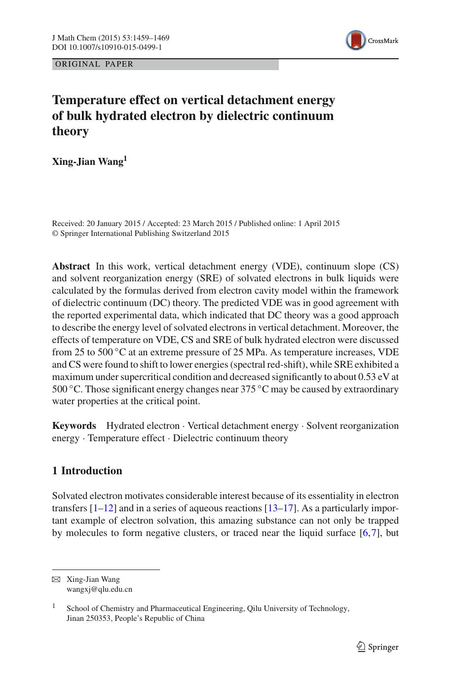 Temperature effect on vertical detachment energy of bulk hydrated electron by dielectric continuum theory by Xing-Jian Wang