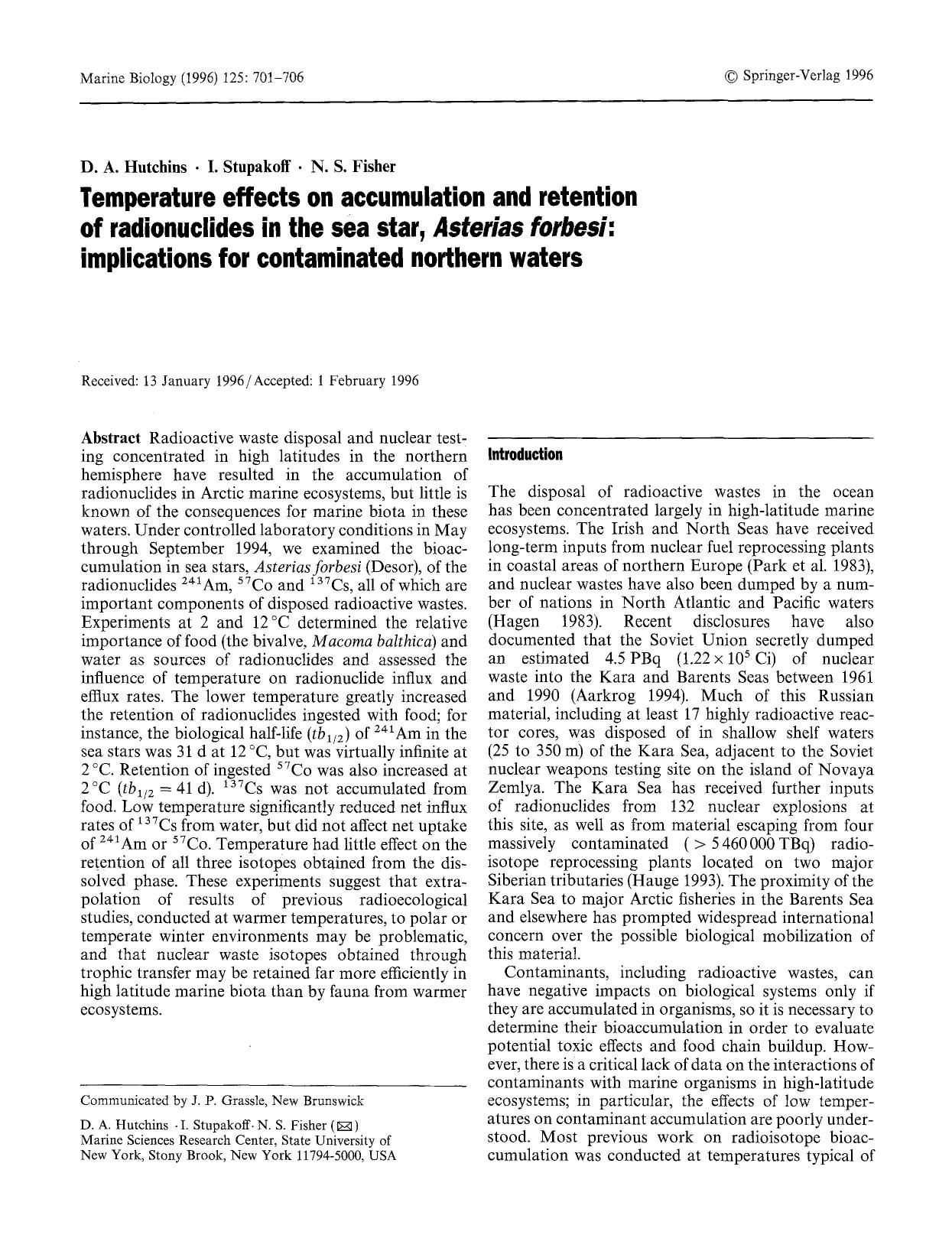Temperature effects on accumulation and retention of radionuclides in the sea star, <Emphasis Type="Italic">Asterias forbesi<Emphasis>: implications for contaminated northern waters by Unknown