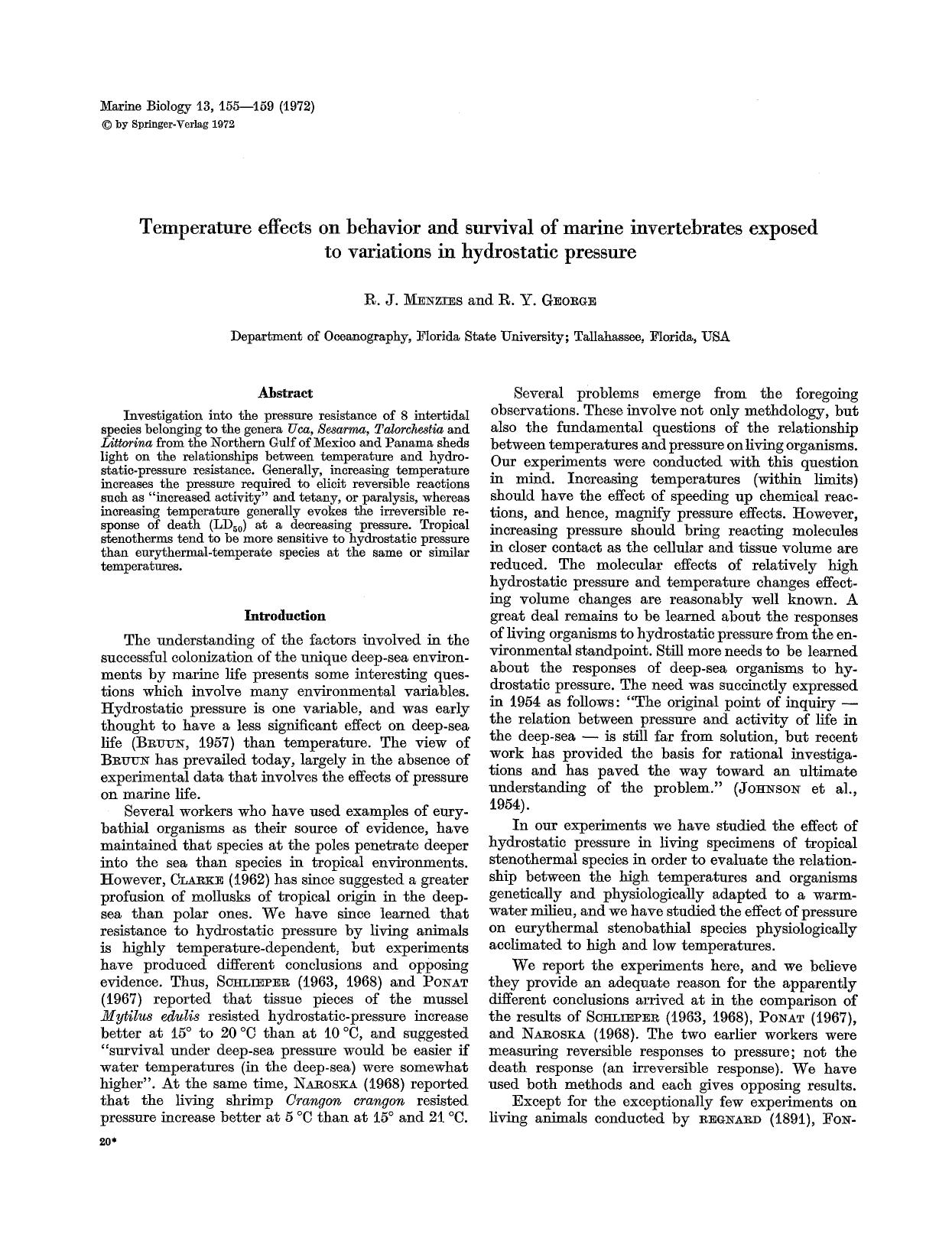 Temperature effects on behavior and survival of marine invertebrates exposed to variations in hydrostatic pressure by Unknown