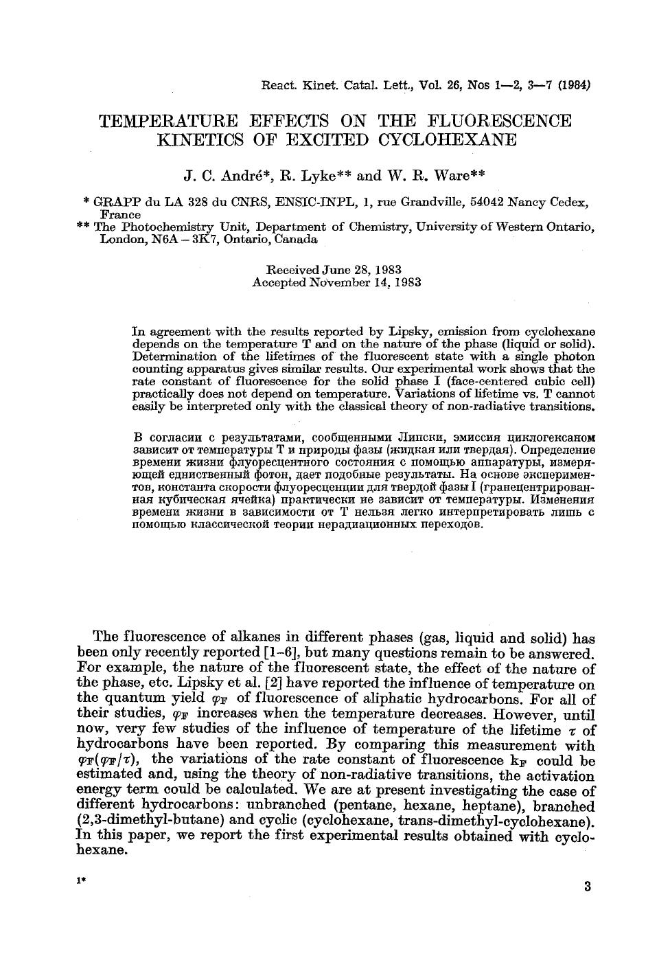 Temperature effects on the fluorescence kinetics of excited cyclohexane by Unknown