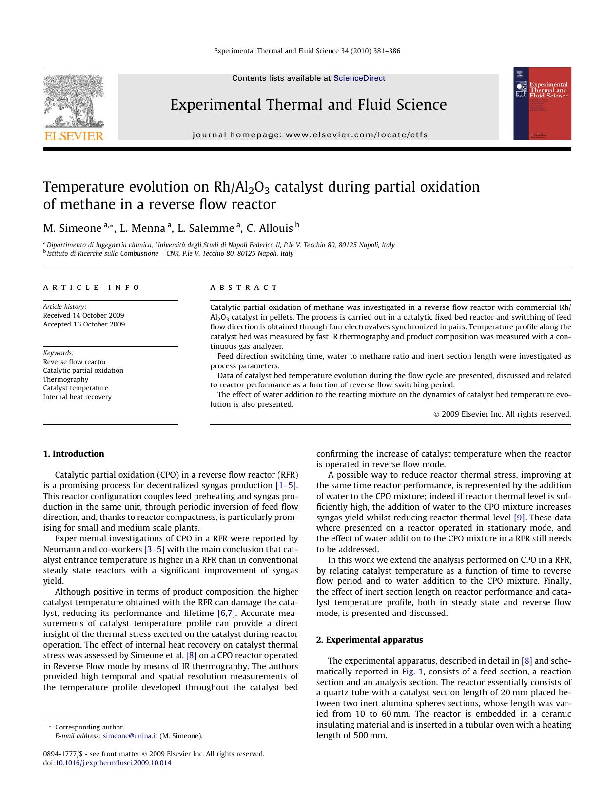 Temperature evolution on RhAl2O3 catalyst during partial oxidation of methane in a reverse flow reactor by M. Simeone; L. Menna; L. Salemme; C. Allouis