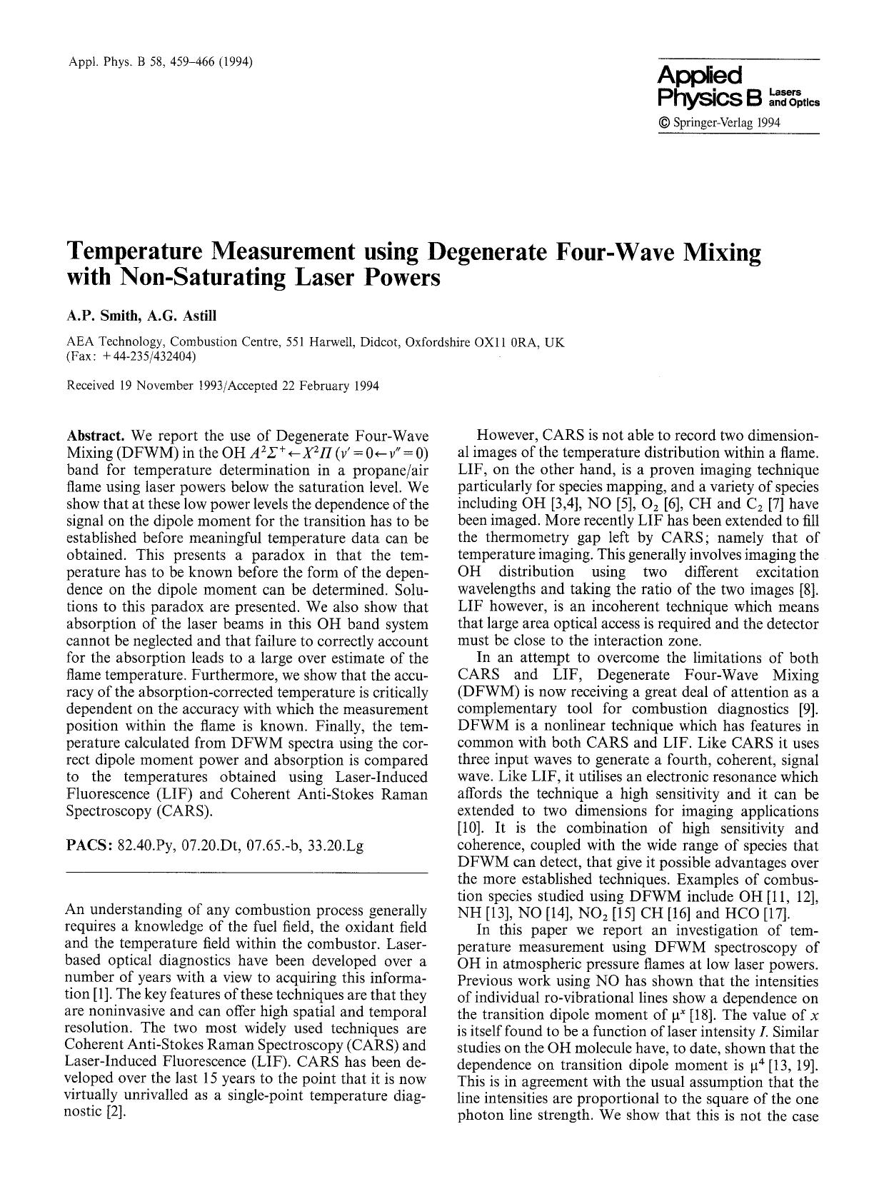 Temperature measurement using degenerate four-wave mixing with non-saturating laser powers by Unknown