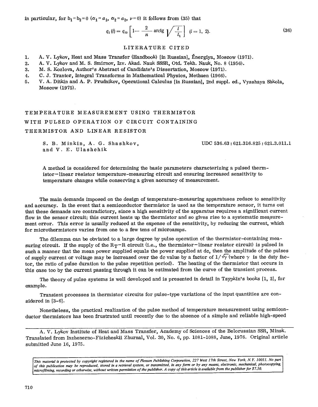 Temperature measurement using thermistor with pulsed operation of circuit containing thermistor and linear resistor by Unknown