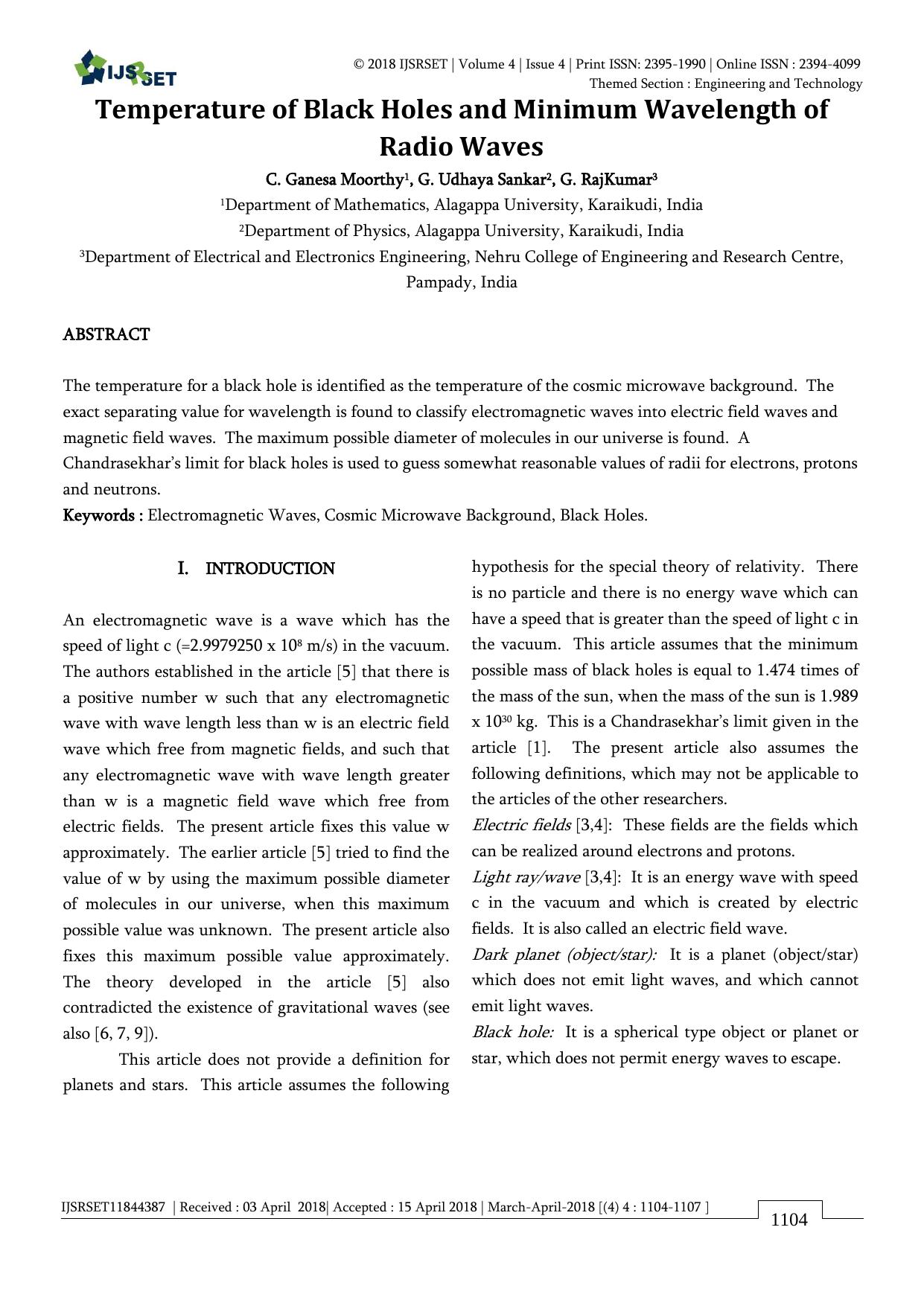 Temperature of Black Holes and Minimum Wavelength of Radio Waves by G. Udhaya Sankar