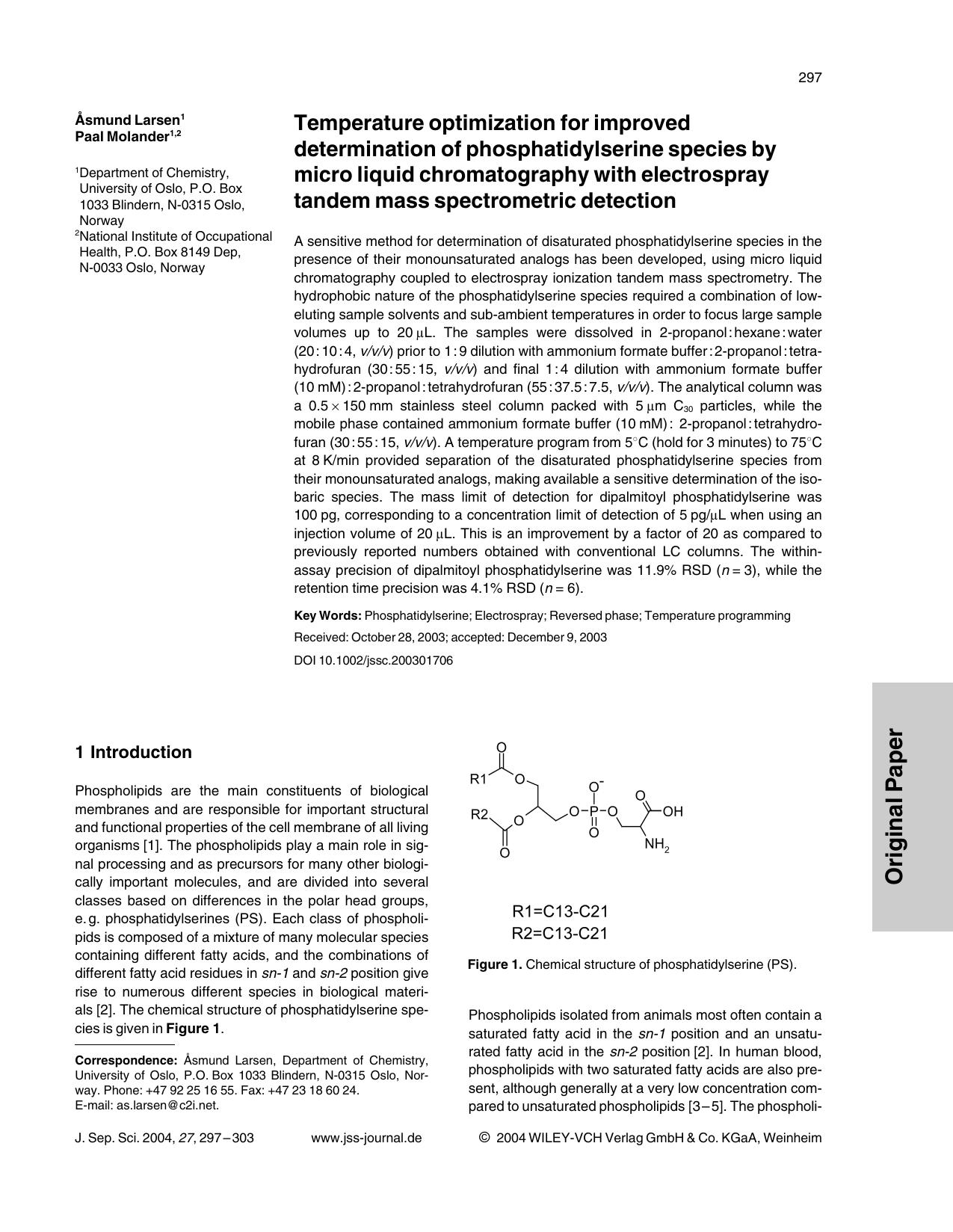 Temperature optimization for improved determination of phosphatidylserine species by micro liquid chromatography with electrospray tandem mass spectrometric detection by Unknown
