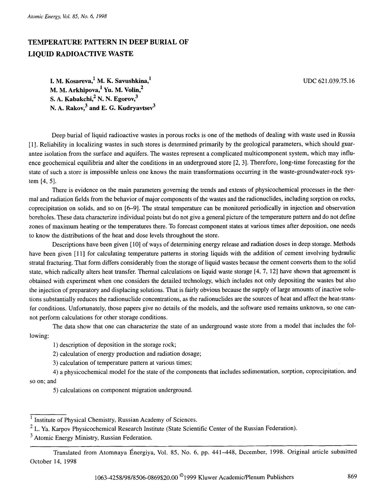 Temperature pattern in deep burial of liquid radioactive waste by Unknown