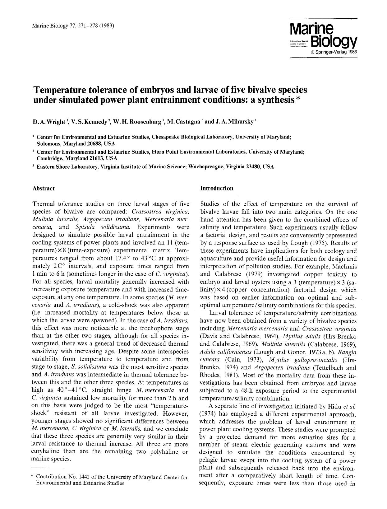 Temperature tolerance of embryos and larvae of five bivalve species under simulated power plant entrainment conditions: a synthesis by Unknown