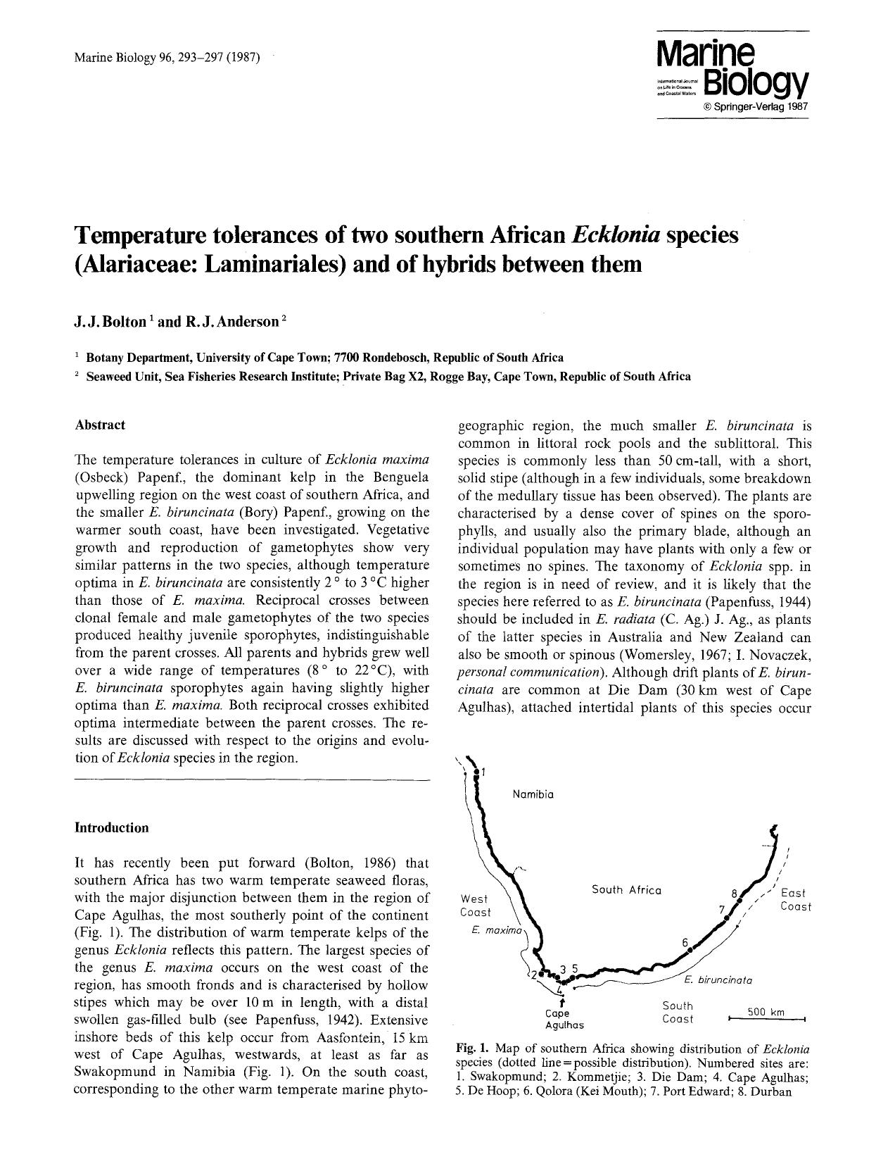 Temperature tolerances of two southern African <Emphasis Type="Italic">Ecklonia <Emphasis> species (Alariaceae: Laminariales) and of hybrids between them by Unknown