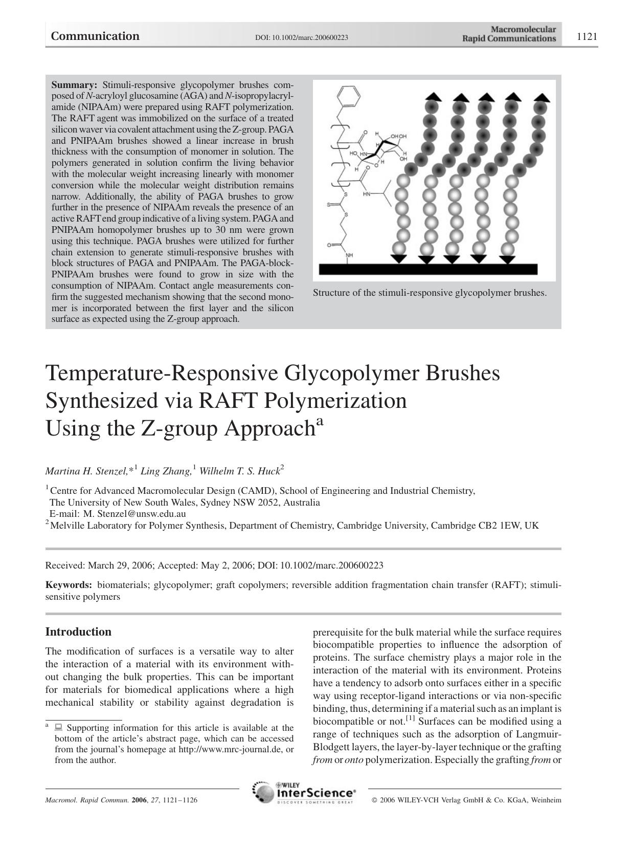 Temperature-Responsive Glycopolymer Brushes Synthesized via RAFT Polymerization Using the Z-group Approach by Unknown