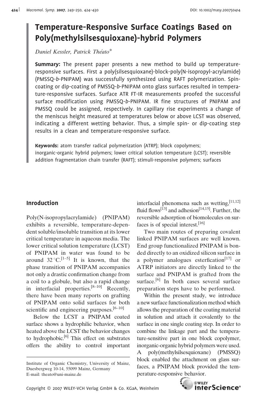 Temperature-Responsive Surface Coatings Based on Poly(methylsilsesquioxane)-hybrid Polymers by Unknown