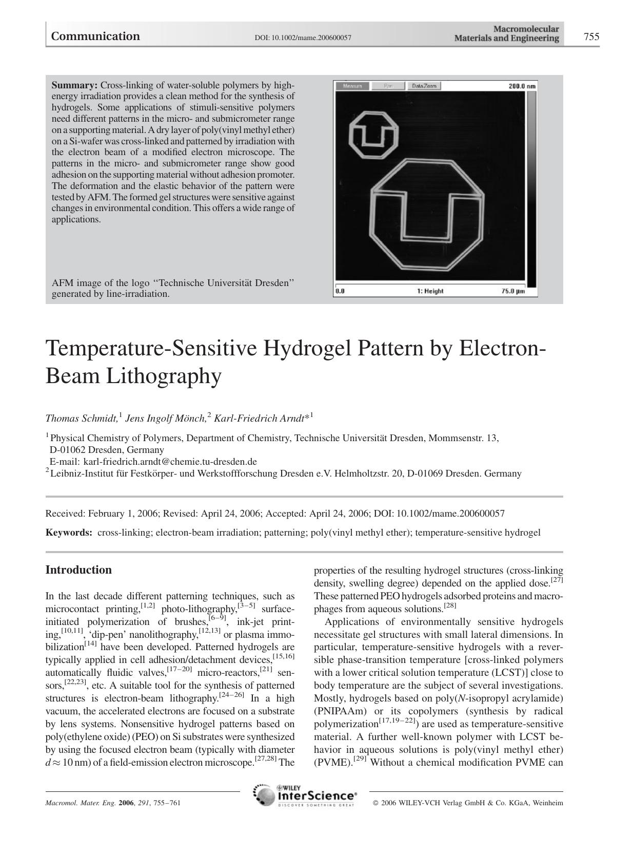 Temperature-Sensitive Hydrogel Pattern by Electron-Beam Lithography by Unknown
